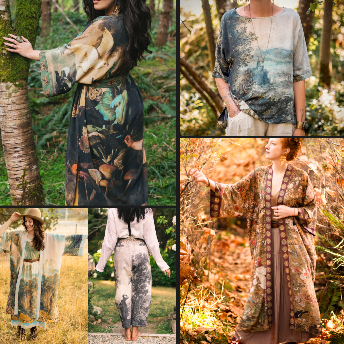 a collage of luxe bamboo clothing items, including pants, tees, dresses, and long dusters