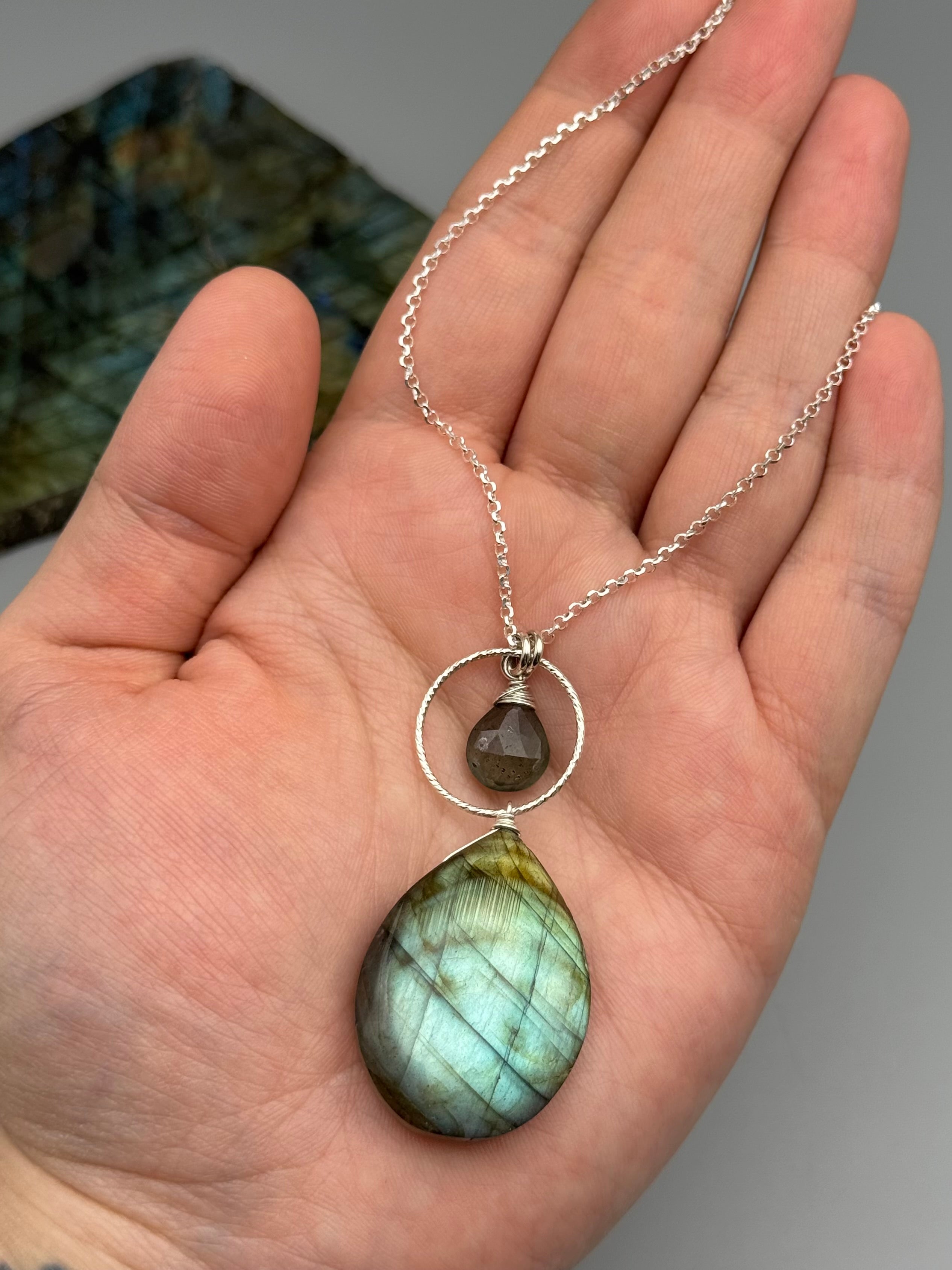 •LUNA• moss aquamarine + labradorite silver necklace (18"-20" long)