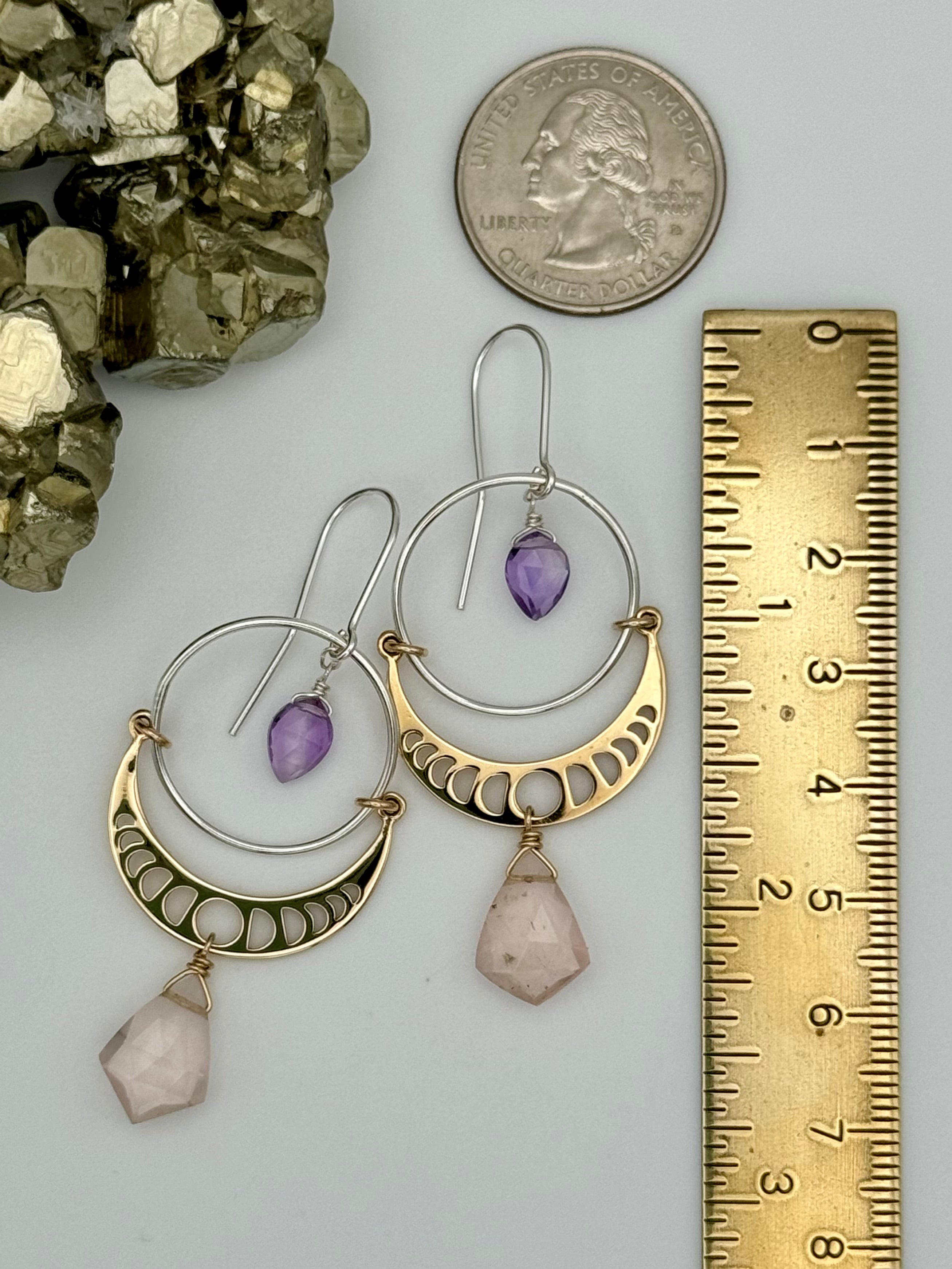 •MOON SHADOWS• rose quartz + amethyst mixed metal dangle earrings