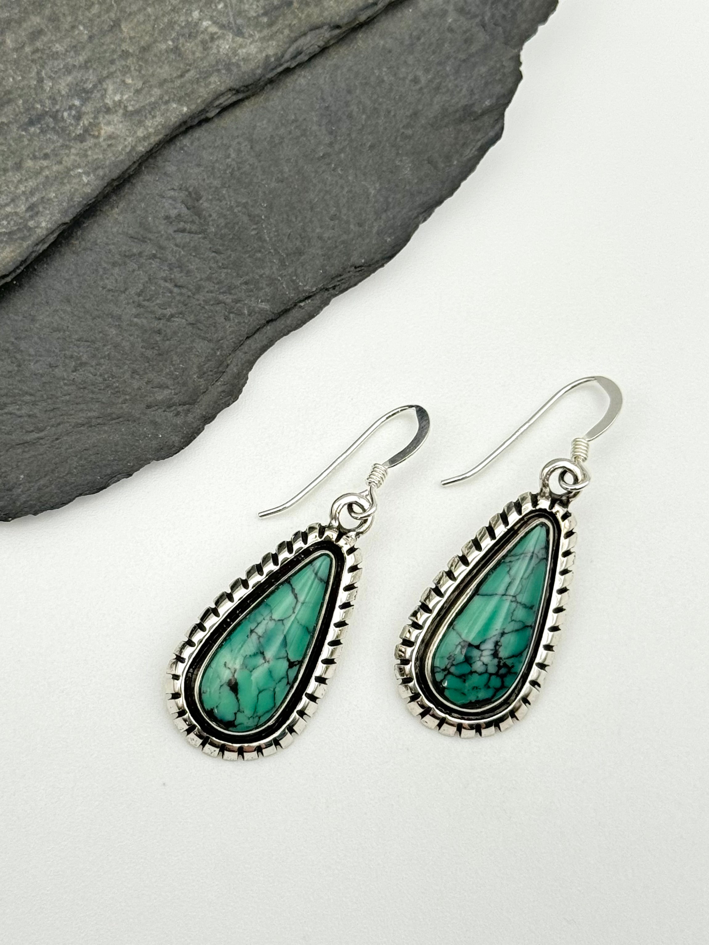 •TURQUOISE TEARDROP - 1• Navajo silver dangle earrings