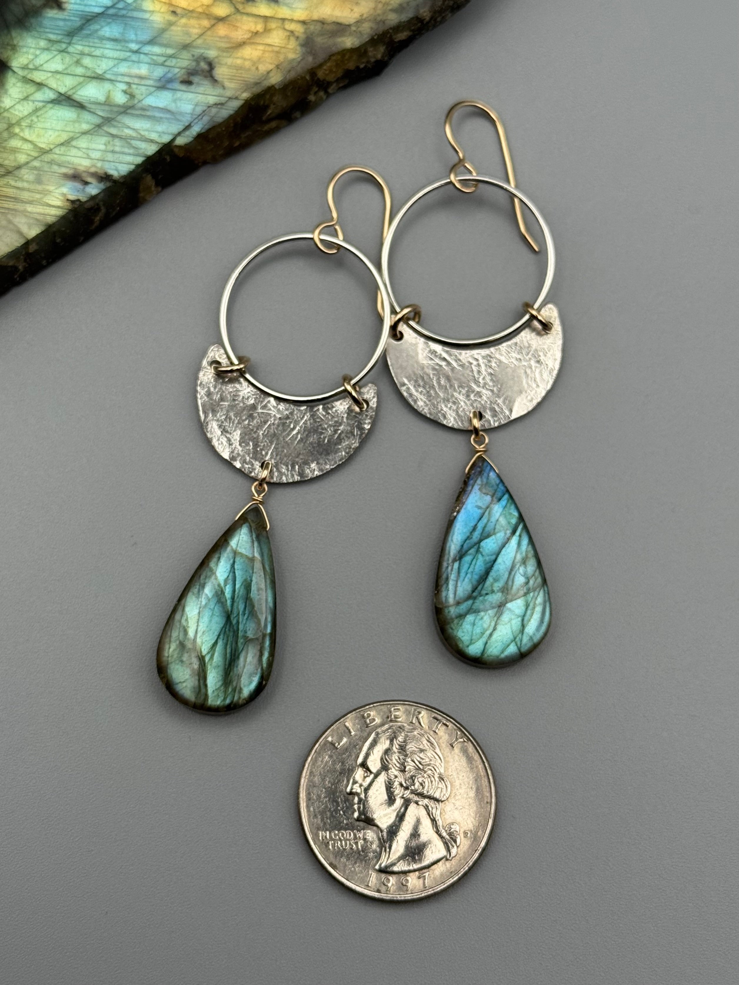 •MOON SHADOW• labradorite tear + mixed metal earrings