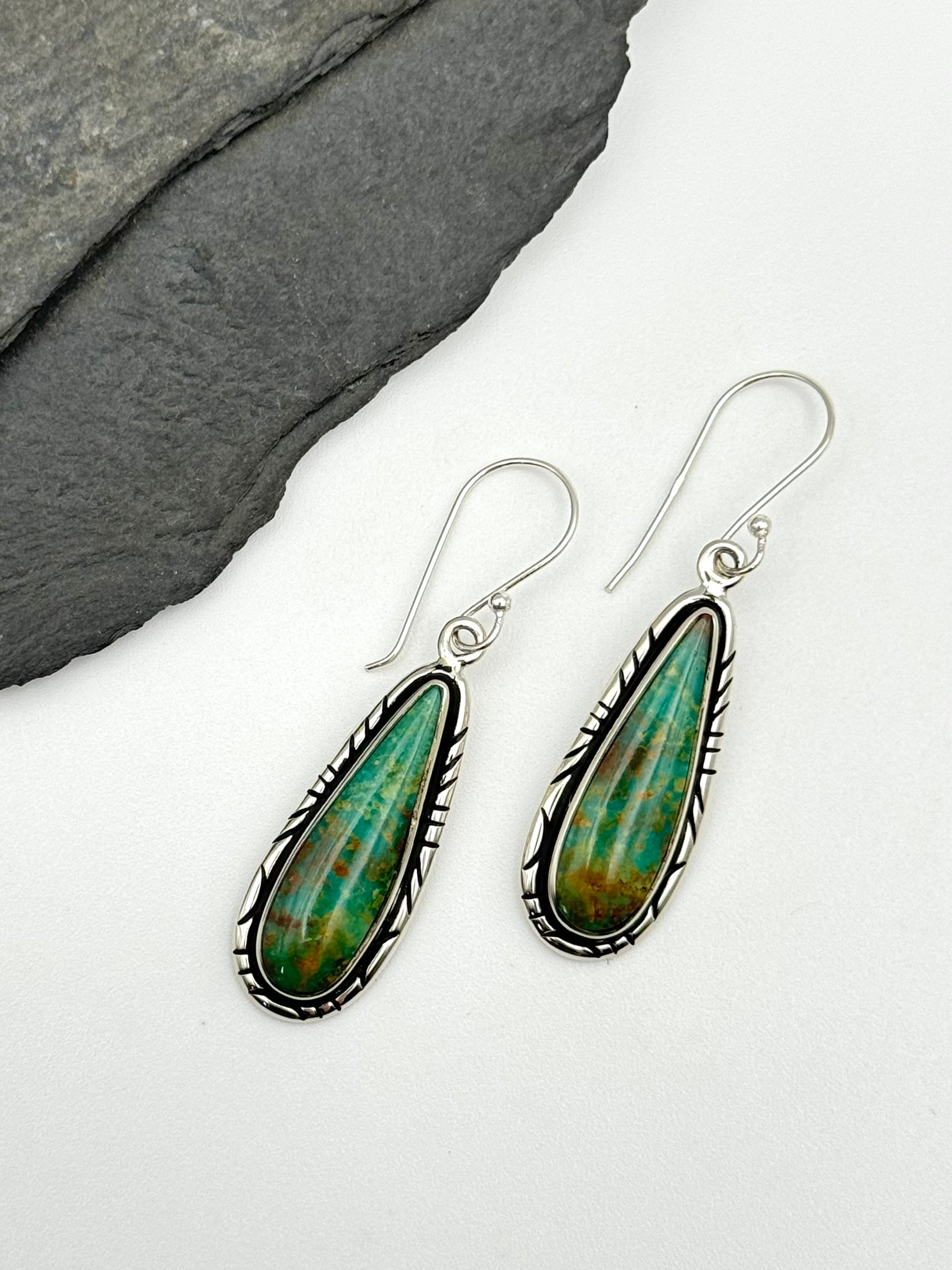 •KINGMAN TURQUOISE TEARDROP - 2• Navajo silver dangle earrings