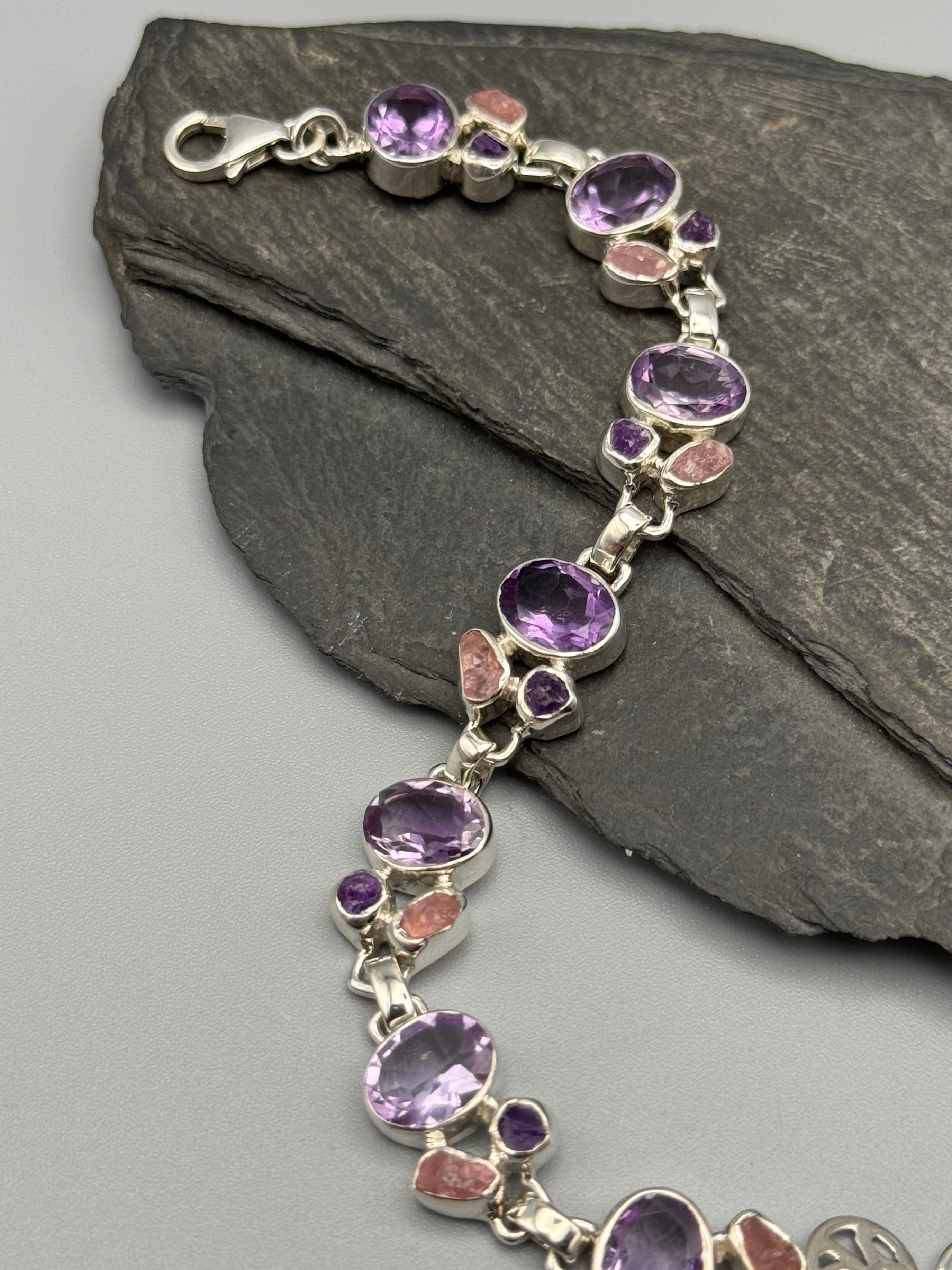 •AMETHYST + ROSE QUARTZ• linked silver bracelet (6.25" - 7.5")
