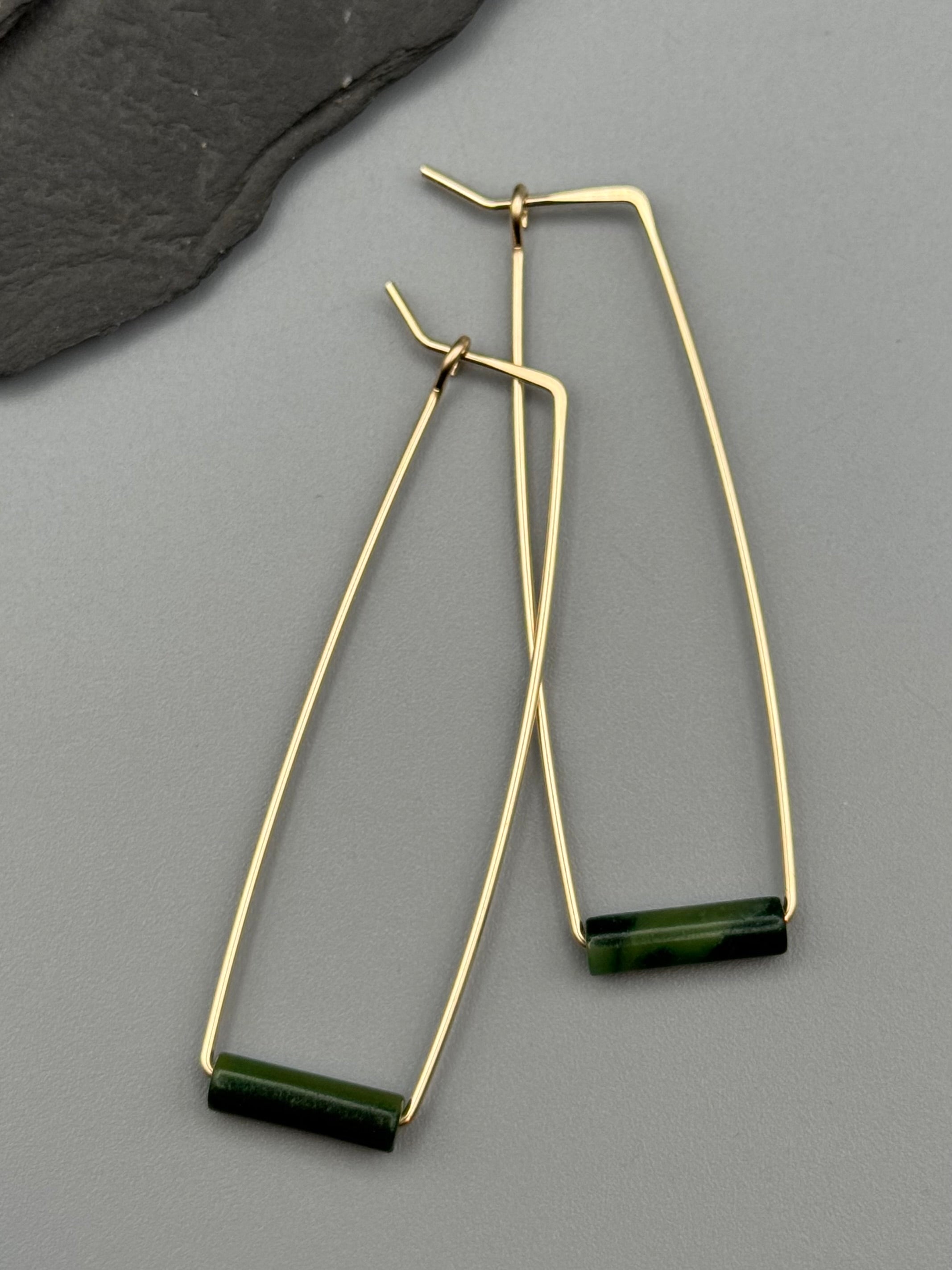 •RECTANGLE TUBE HOOP• jade + gold earrings