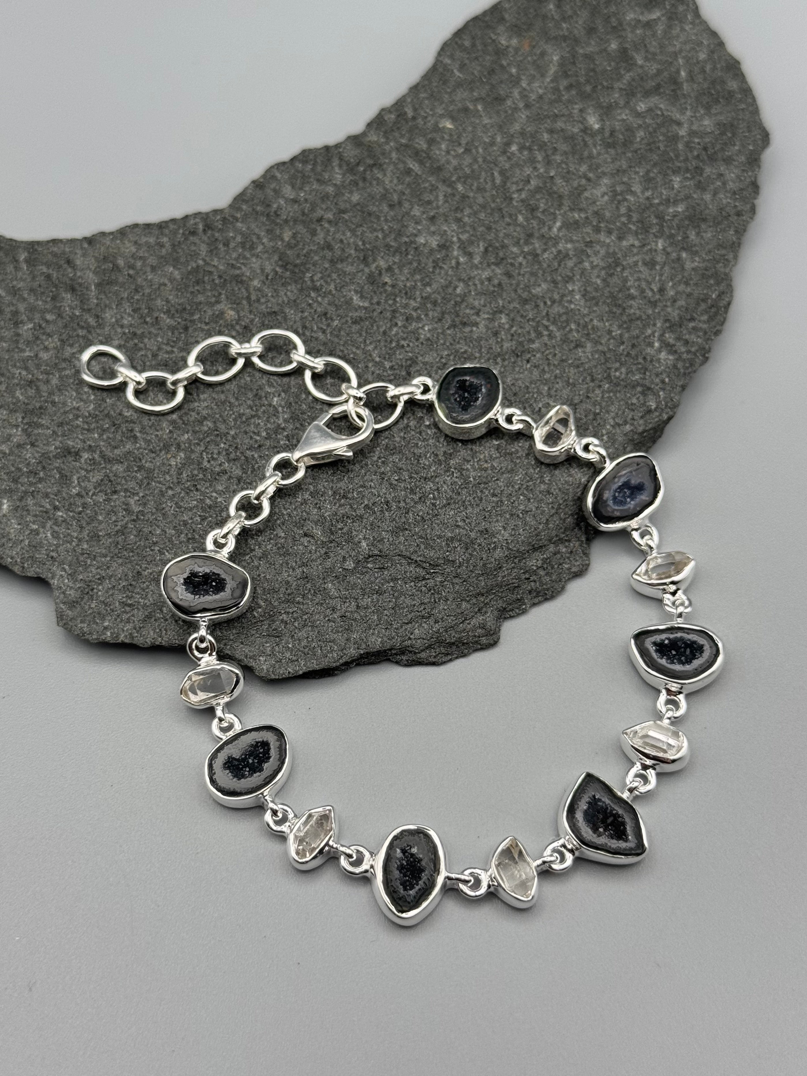 •COCONUT DRUZY + HERKIMER• linked silver bracelet (7.25" - 9")