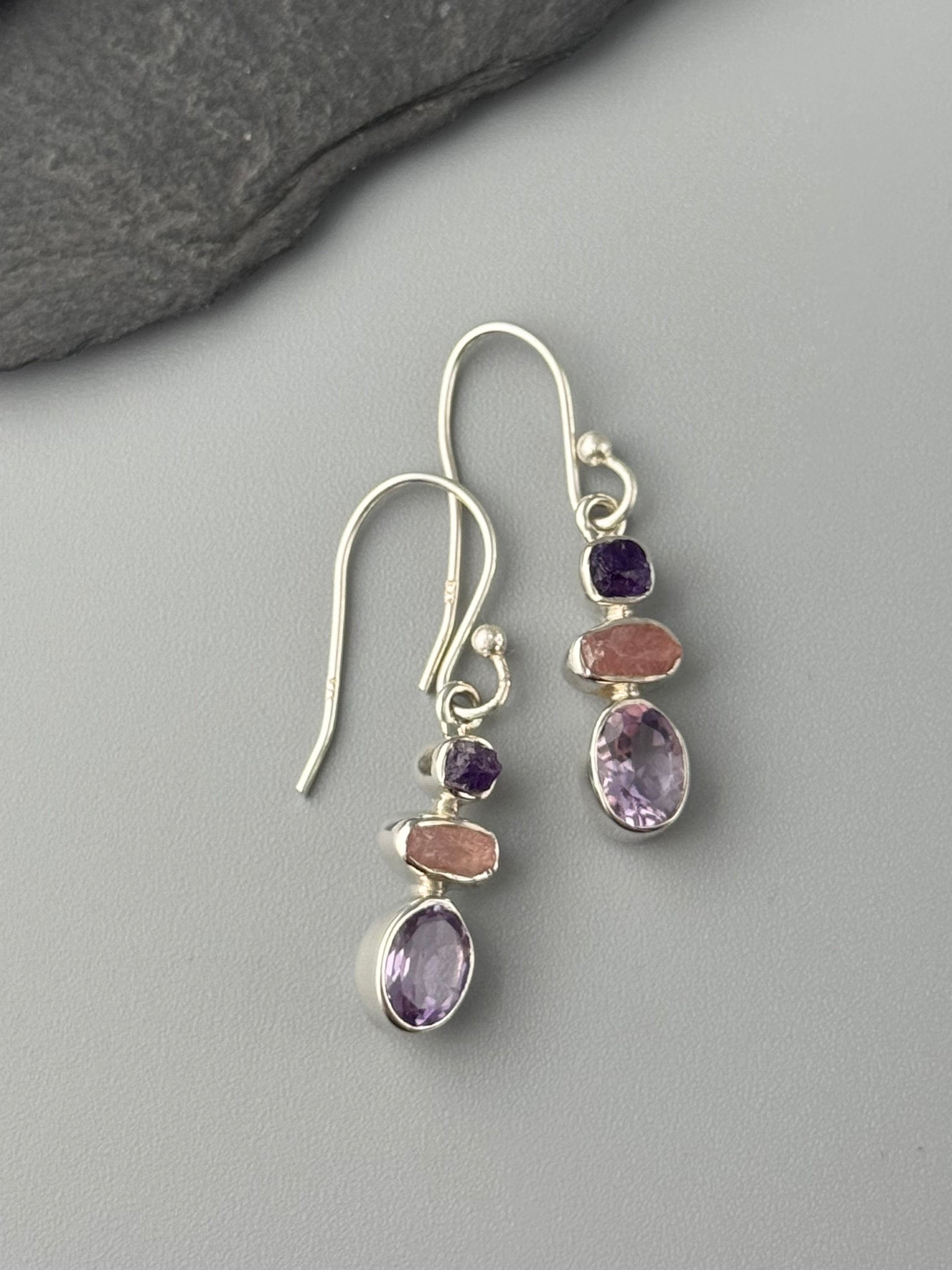 •AMETHYST + ROSE QUARTZ - OVAL STACK• silver dangle earrings