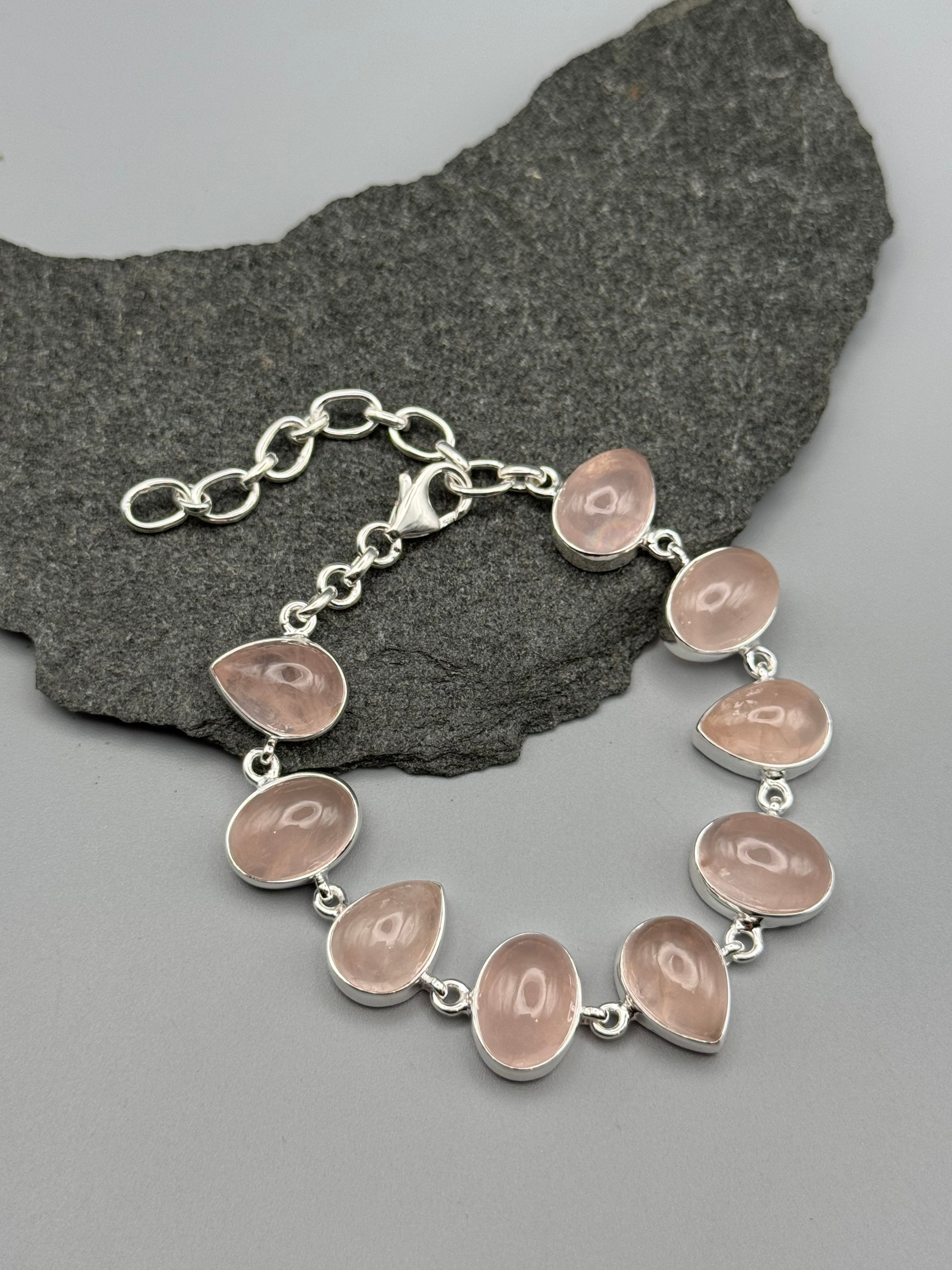 •ROSE QUARTZ - GEO MIX• linked silver bracelet (7" - 9")