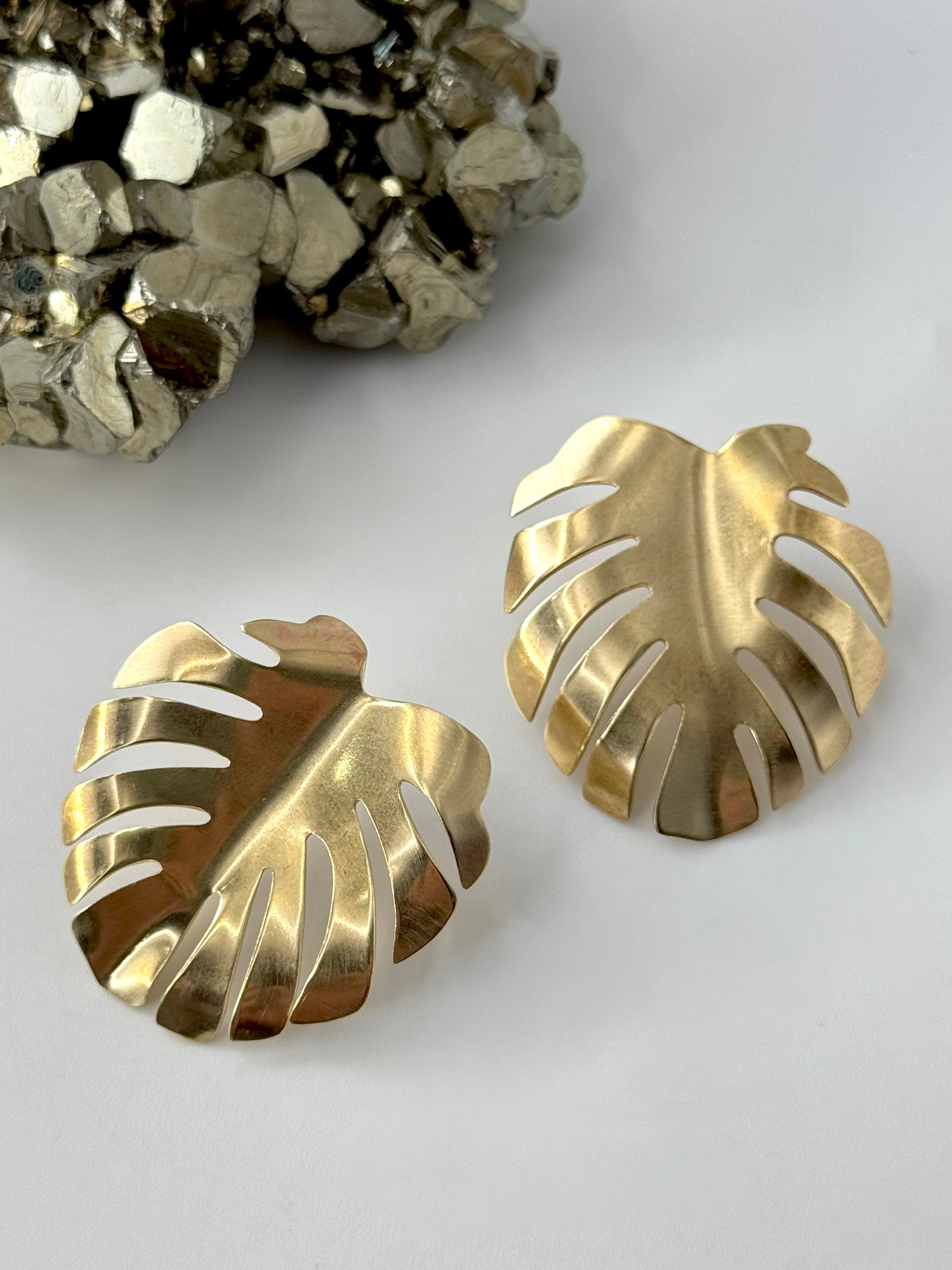 •LARGE MONSTERA• brass + silver post earrings