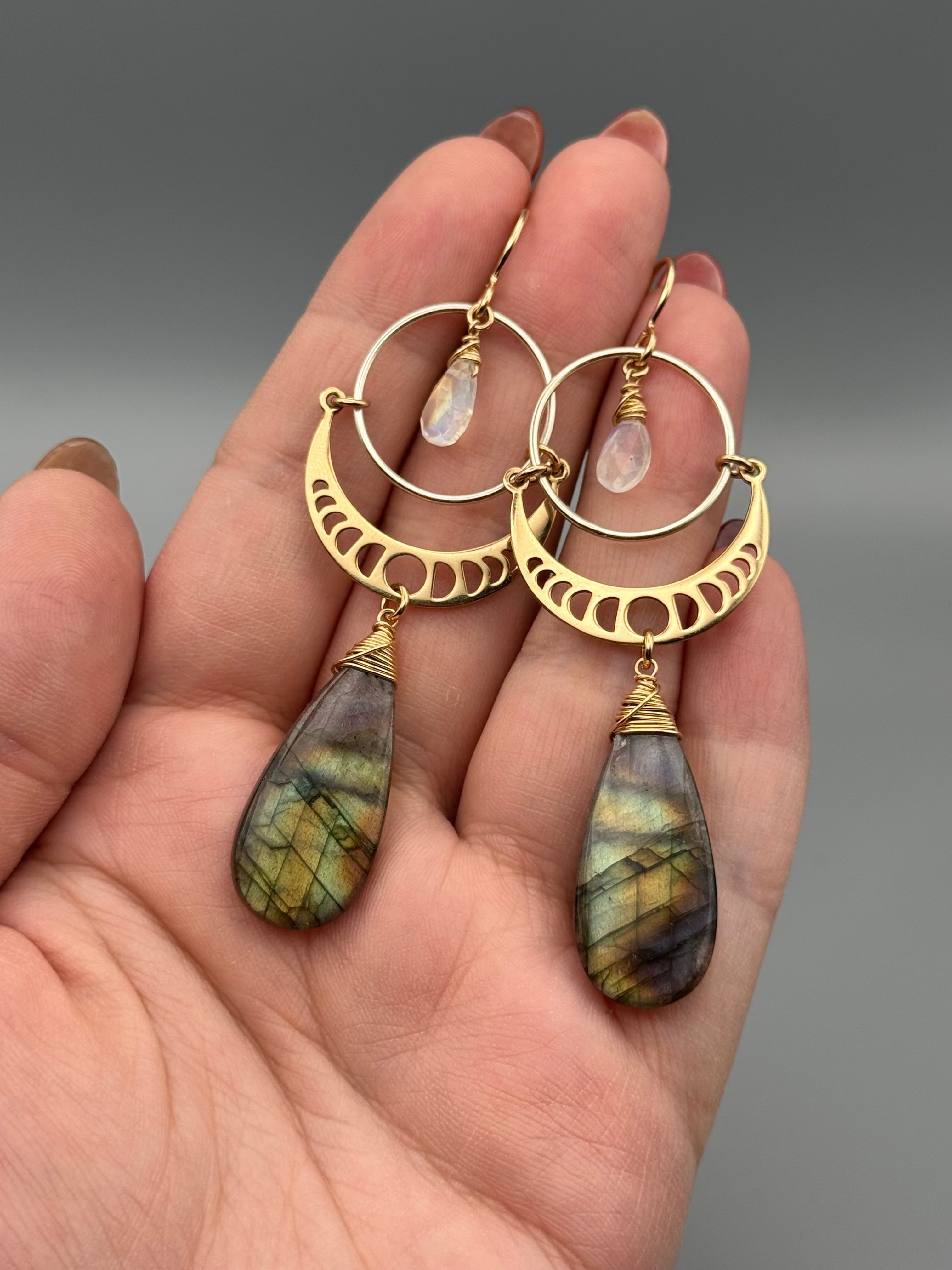 •MOON SHADOWS• rainbow moonstone + labradorite mixed metal earrings