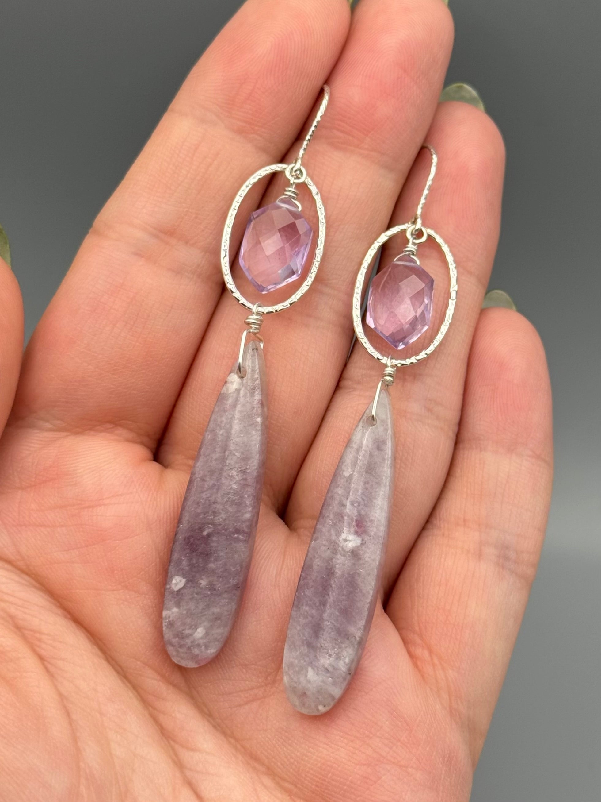 •LUNA• tourmaline in lepidolite + amethyst silver earrings