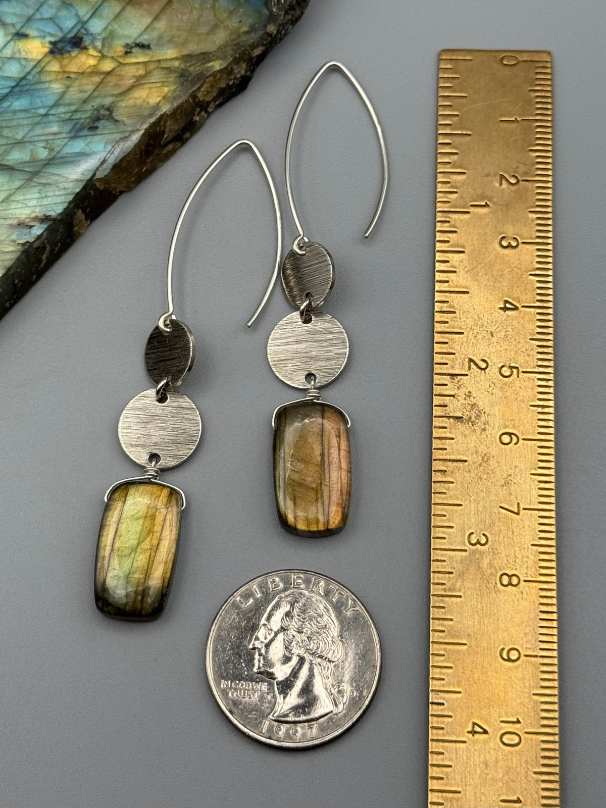•NYX - MOONSTACK• golden labradorite rectangle + silver earrings