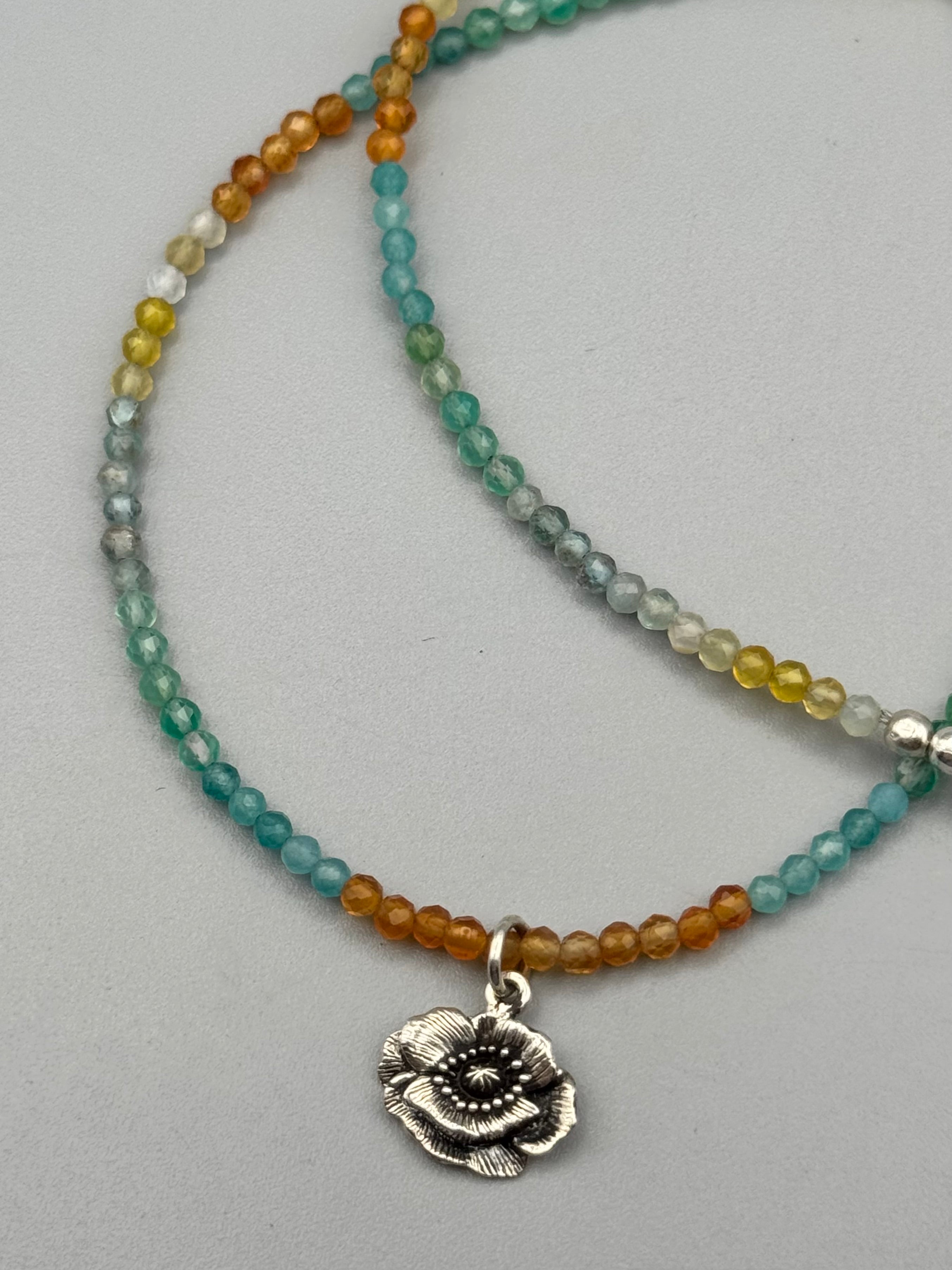 •AGATE - POPPY• silver beaded necklace (16.5" long)
