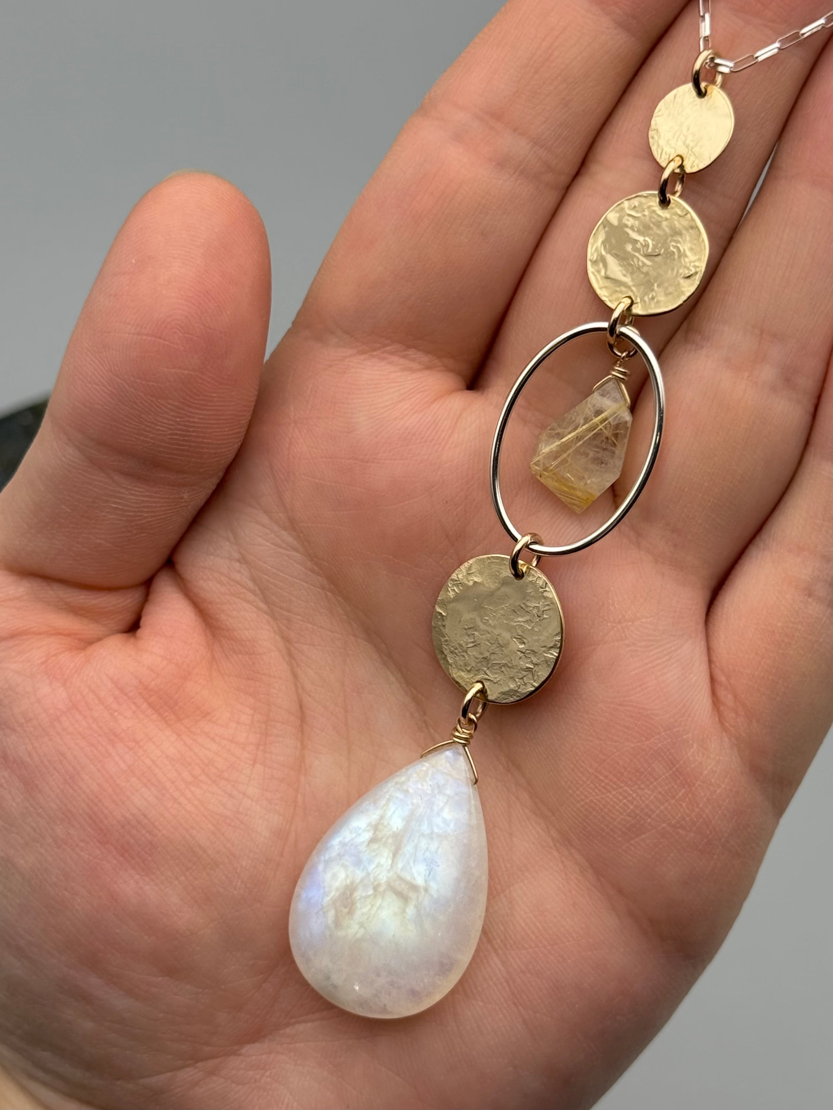 •NYX• rutilated quartz + rainbow moonstone mixed metal necklace (26"-28" long)
