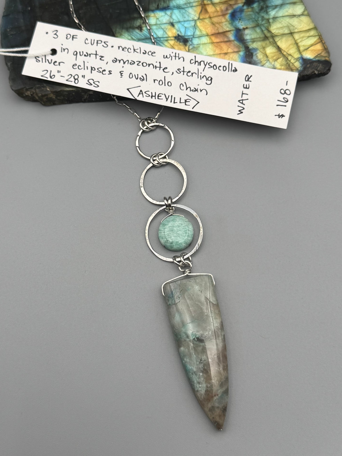 •3 OF CUPS• chrysocolla in quartz + amazonite silver necklace (26"-28" long)