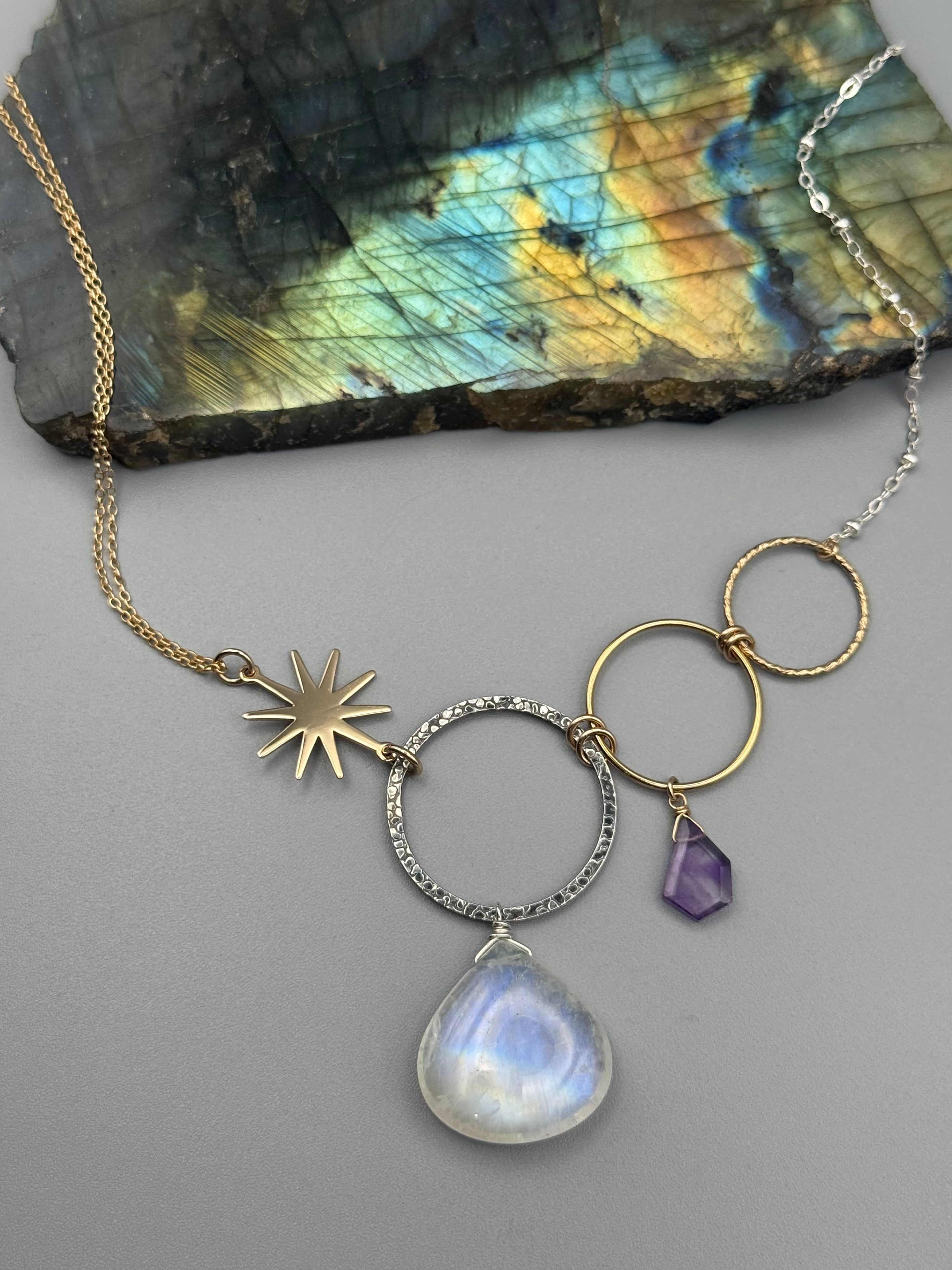 •UNION• rainbow moonstone + amethyst mixed metal necklace (18"-20" long)