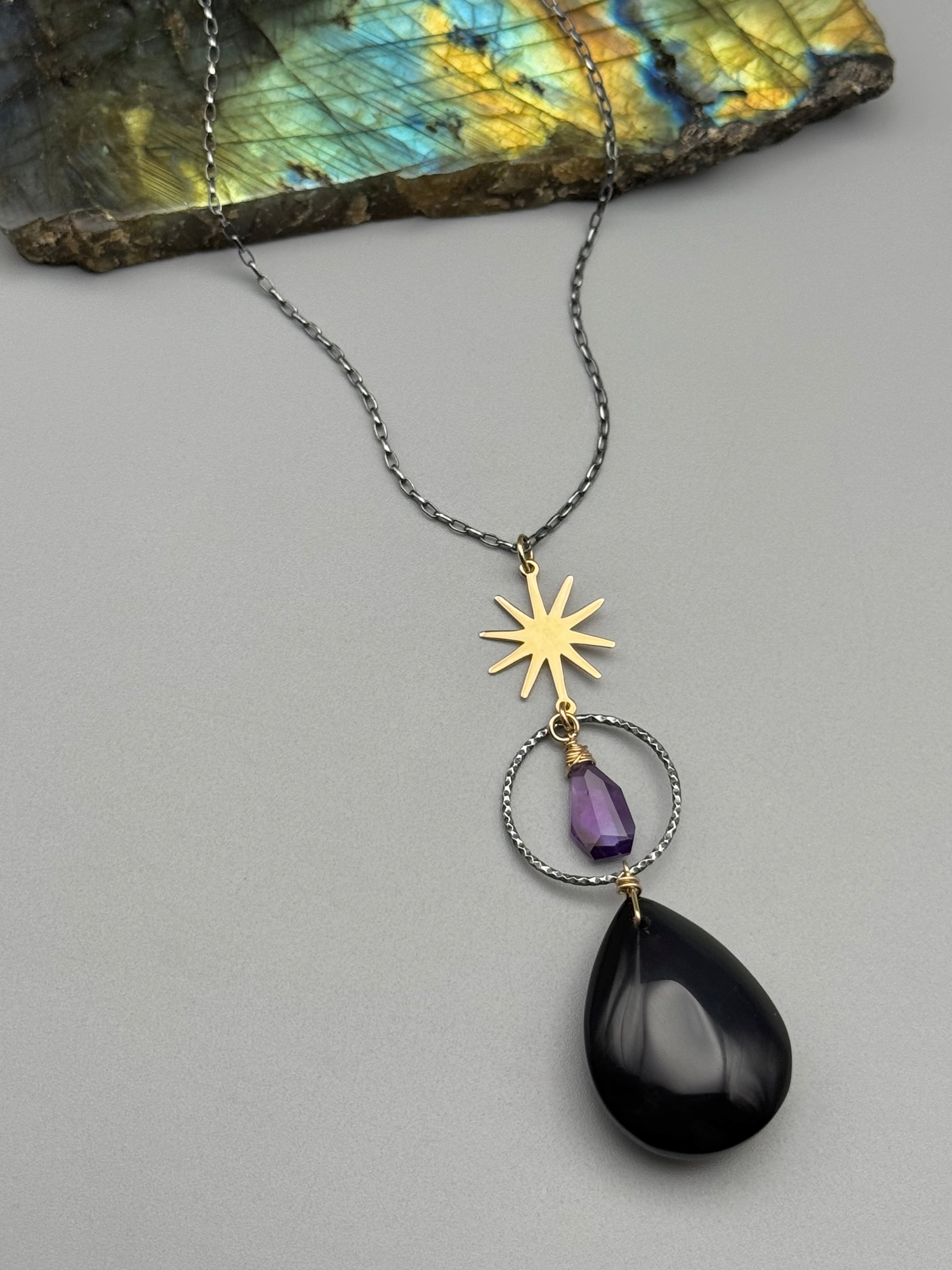 •NYX• rainbow obsidian + amethyst mixed metal necklace (26"-28" long)