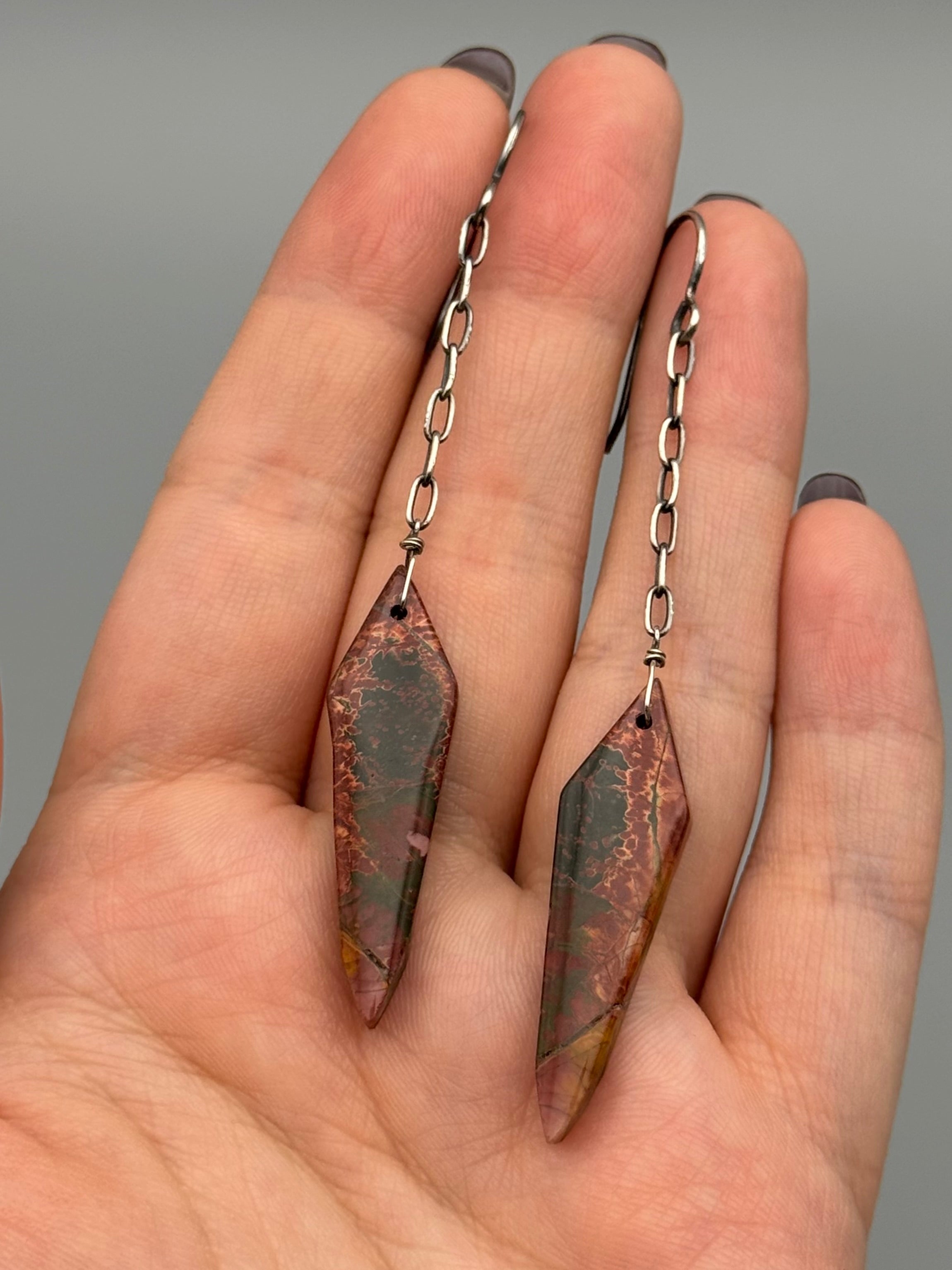 •LINKED• red creek jasper spear + silver earrings
