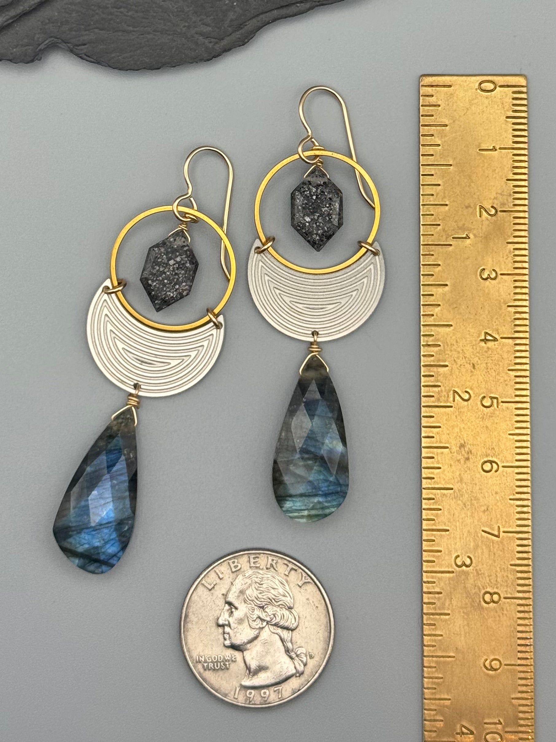 •MOON SHADOW• black aventurine + labradorite mixed metal earrings