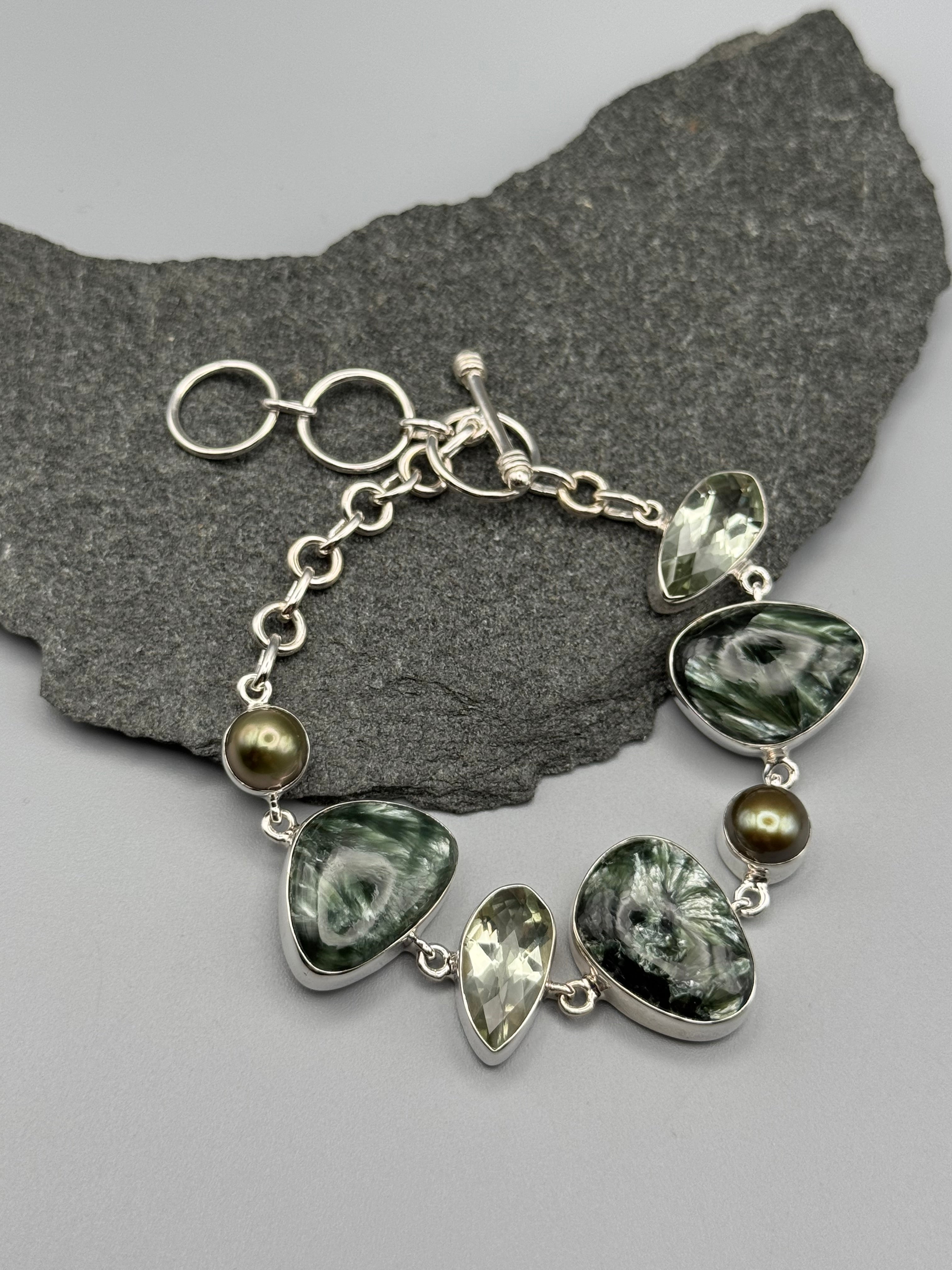 •SERAPHINITE - MULTI-STONE• linked silver bracelet (7.25" - 8.5")