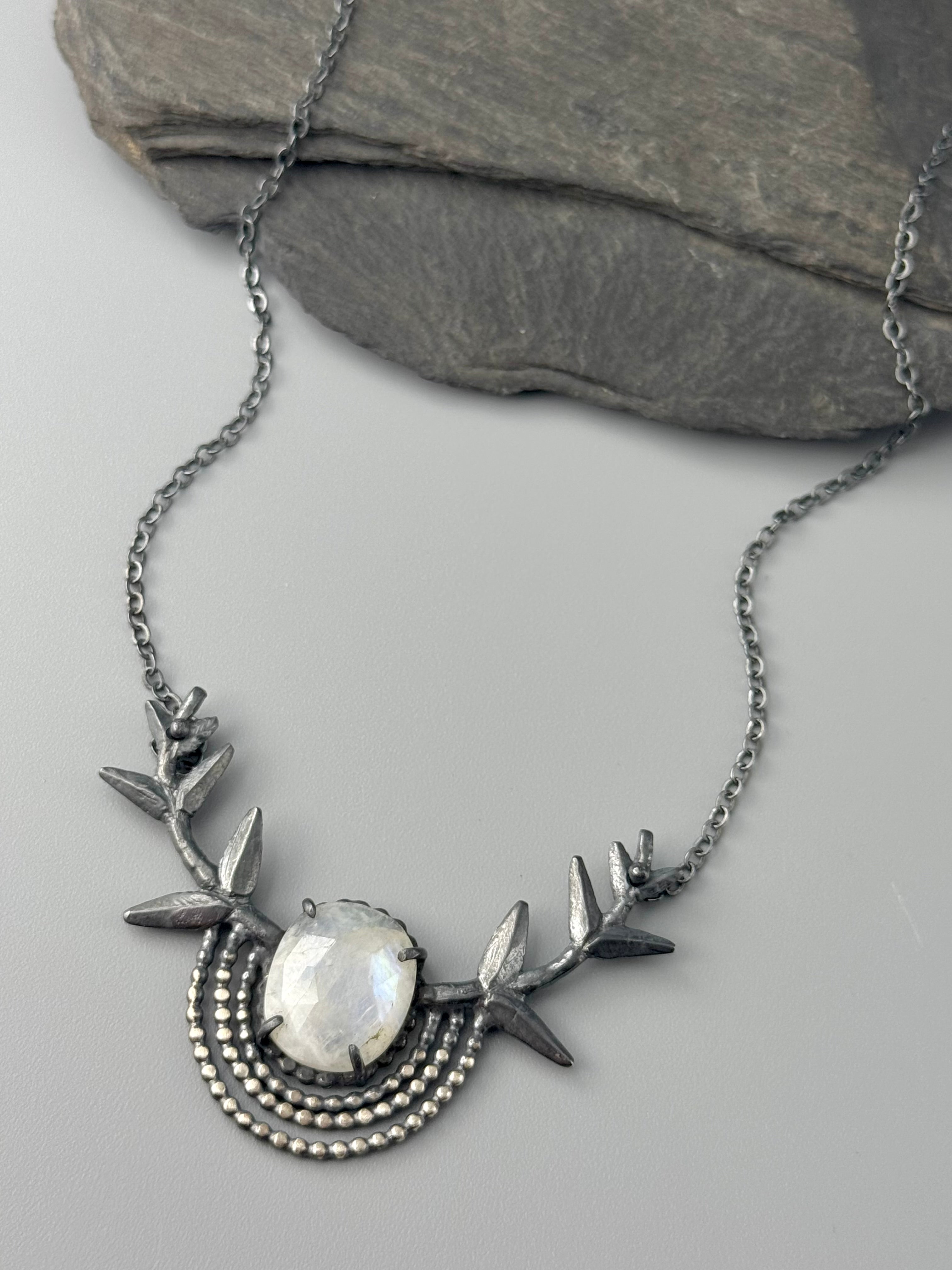 •BRANCHED OUT• rainbow moonstone + branches + silver necklace (18" long)