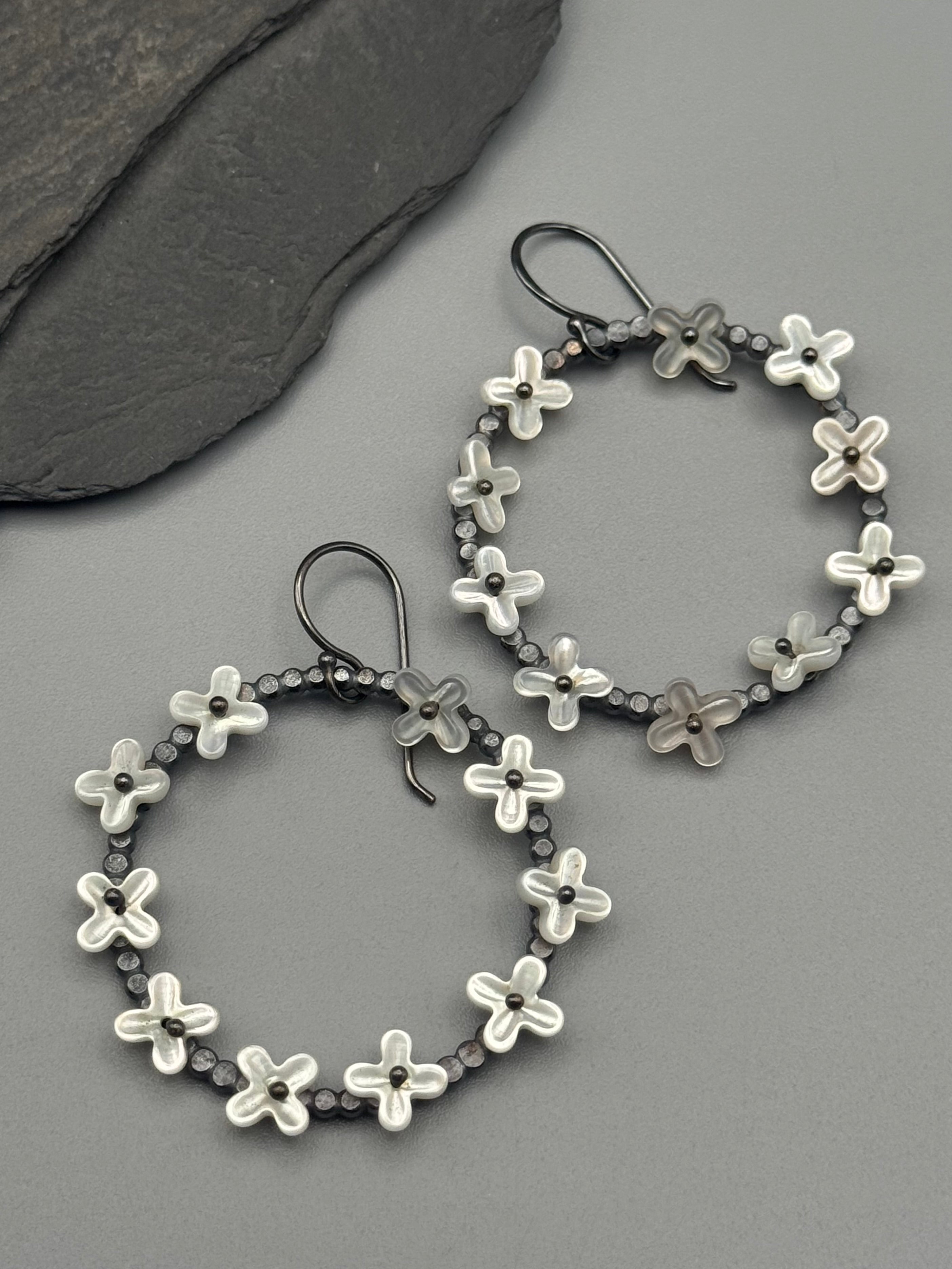 •FLORAL HOOP• mother of pearl + silver hoop earrings