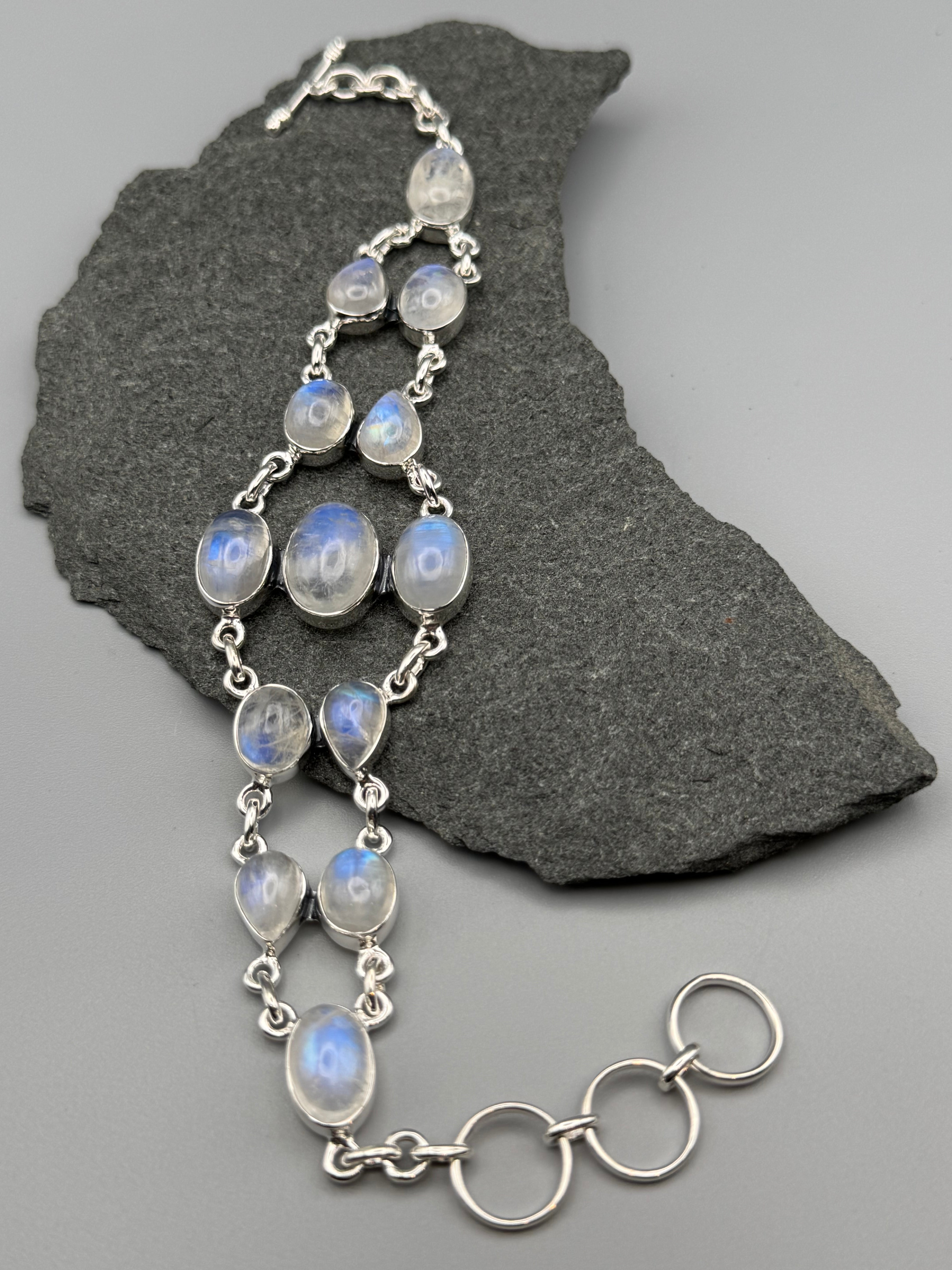 •RAINBOW MOONSTONE - TAPERED• linked silver bracelet (7.25” - 8.5")