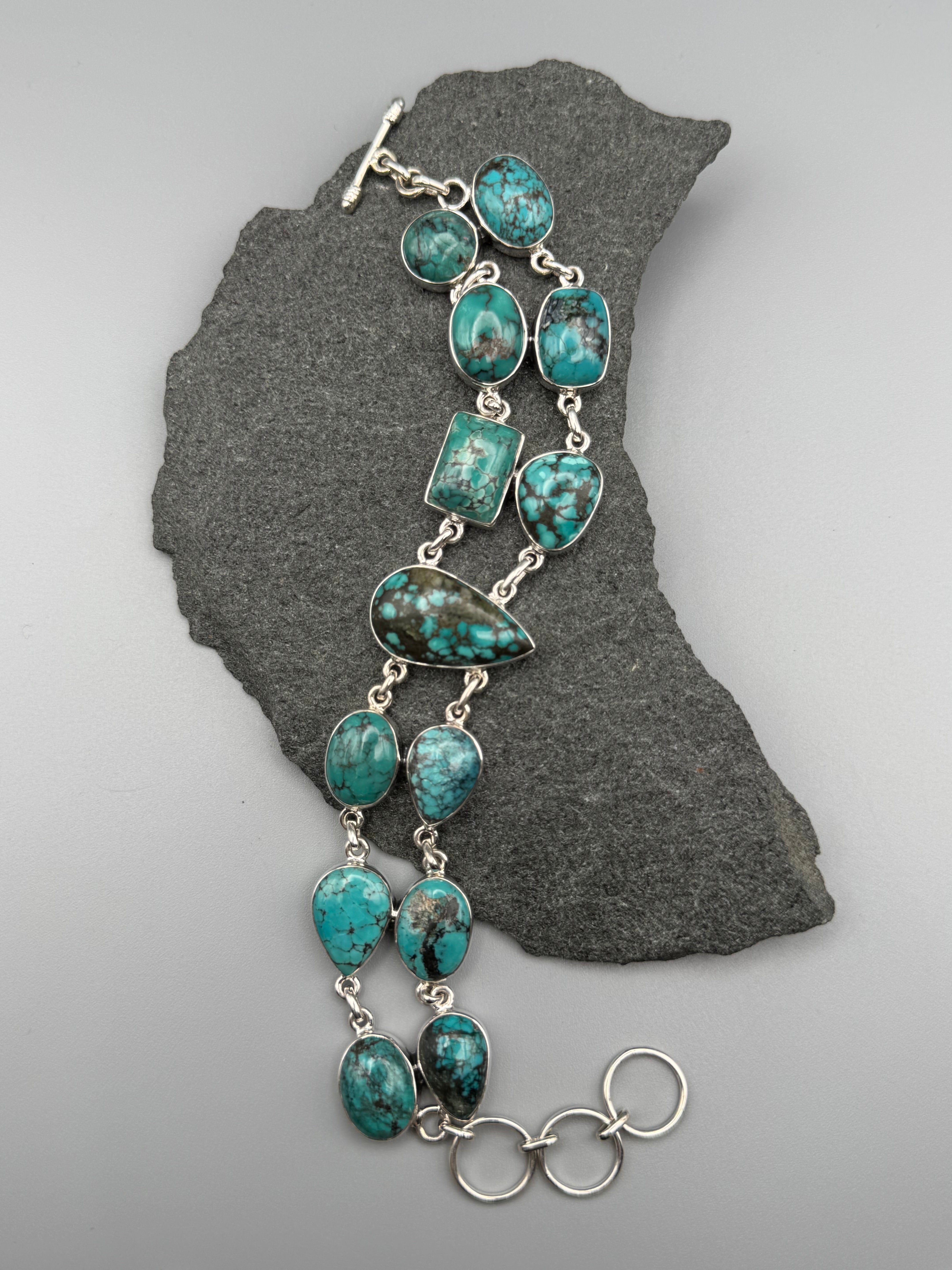 •TIBETAN TURQUOISE - TWOFOLD• linked silver bracelet (7" - 8")
