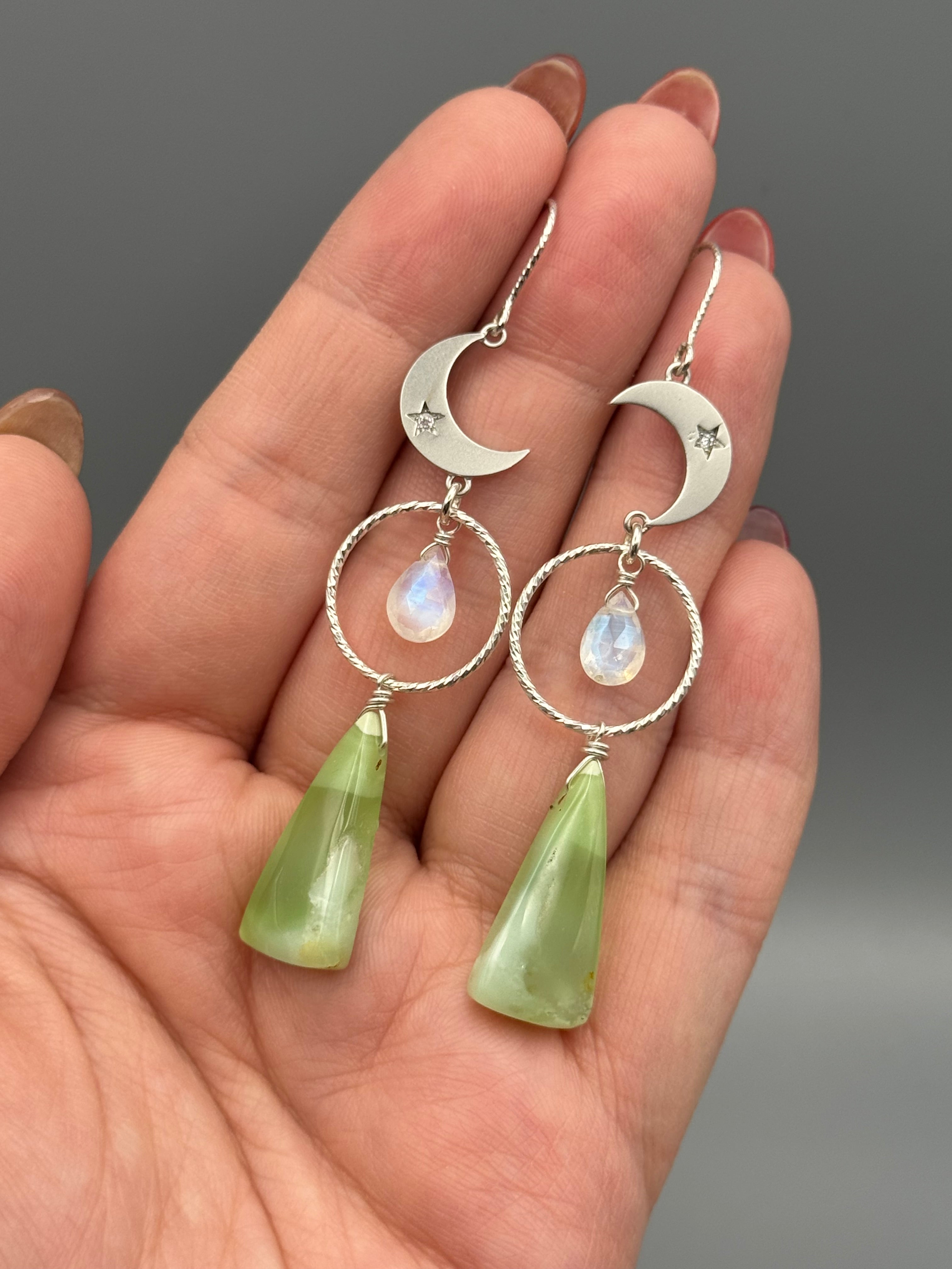 •NYX• rainbow moonstone + chrysoprase silver earrings