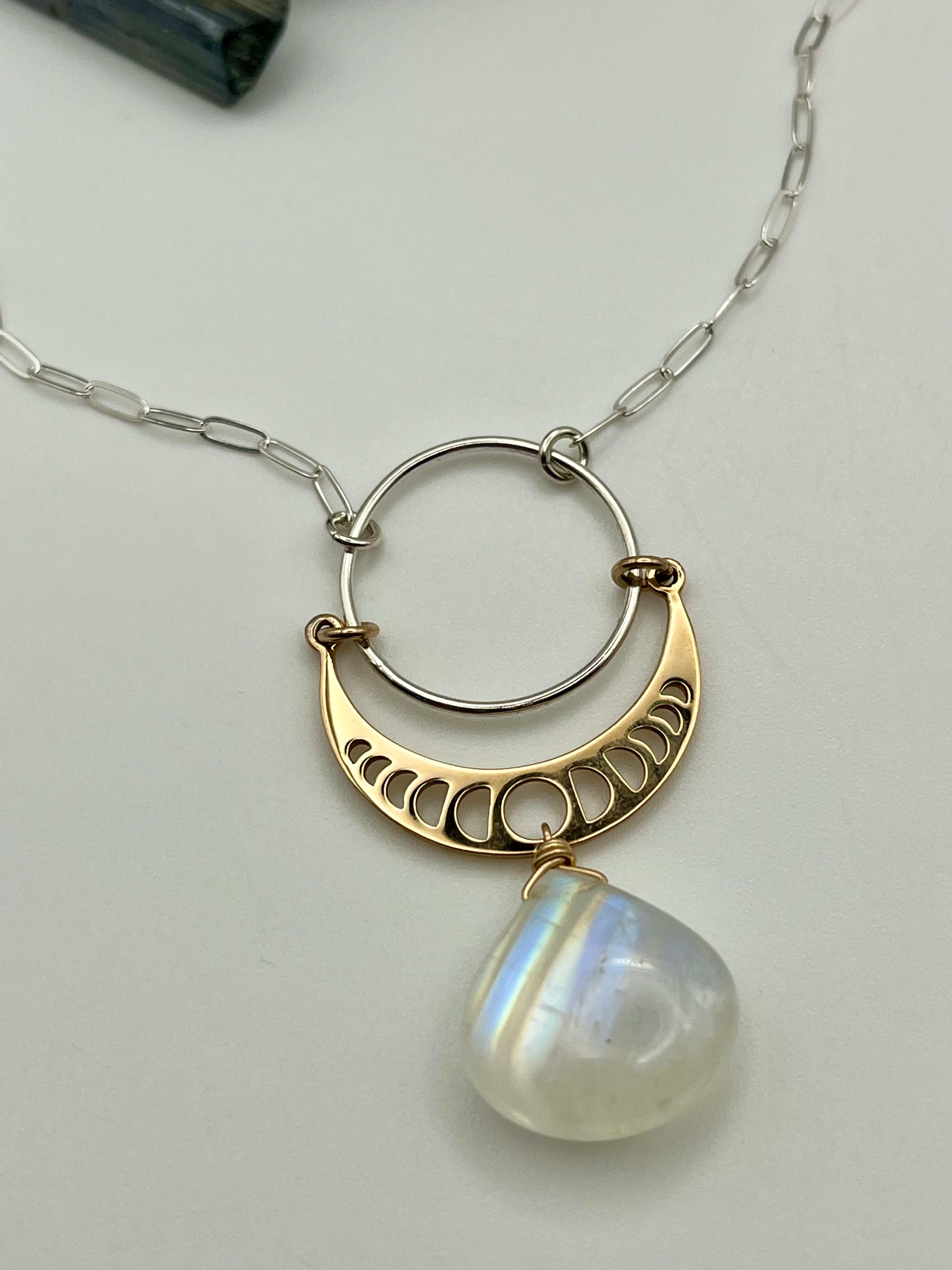 •NYX• rainbow moonstone + moon phases mixed metal necklace (18"-20" long)