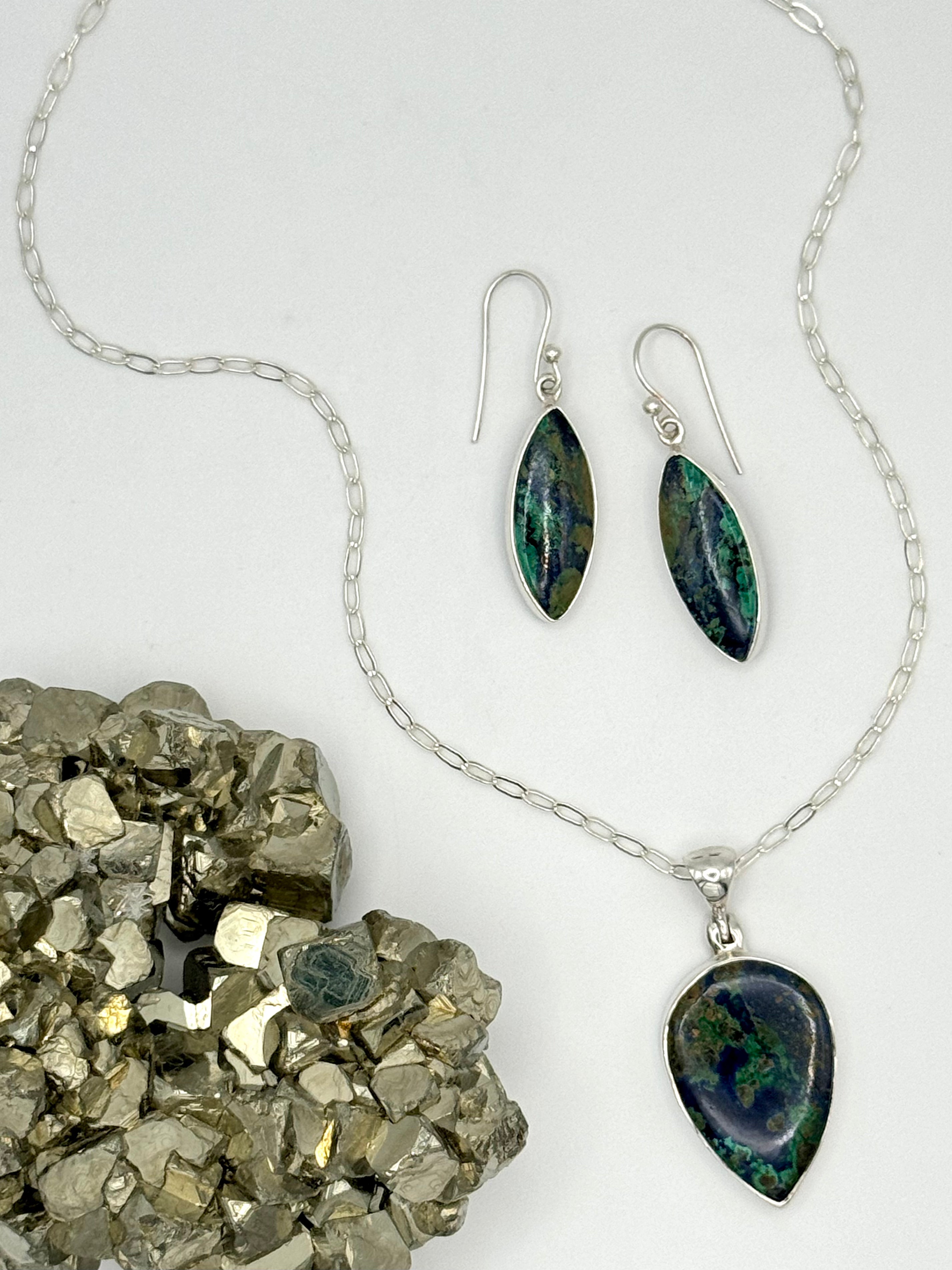 •AZURITE MALACHITE MARQUISE• silver dangle earrings