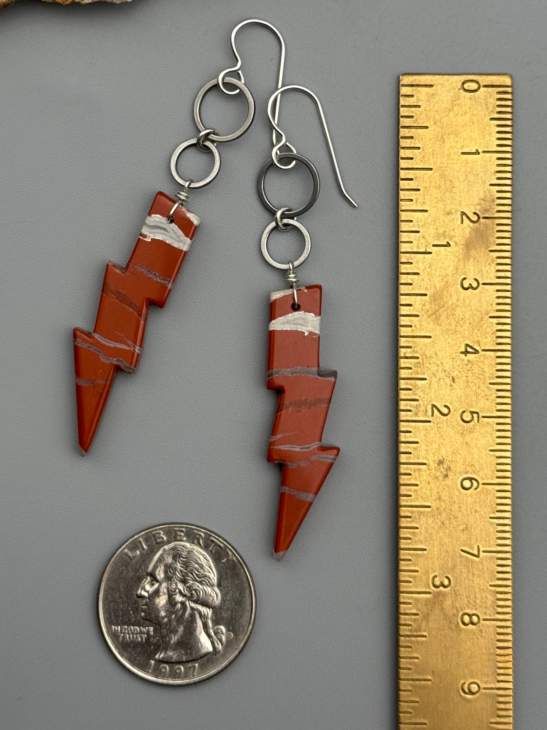 •4 OF CUPS• red jasper bolt + silver earrings