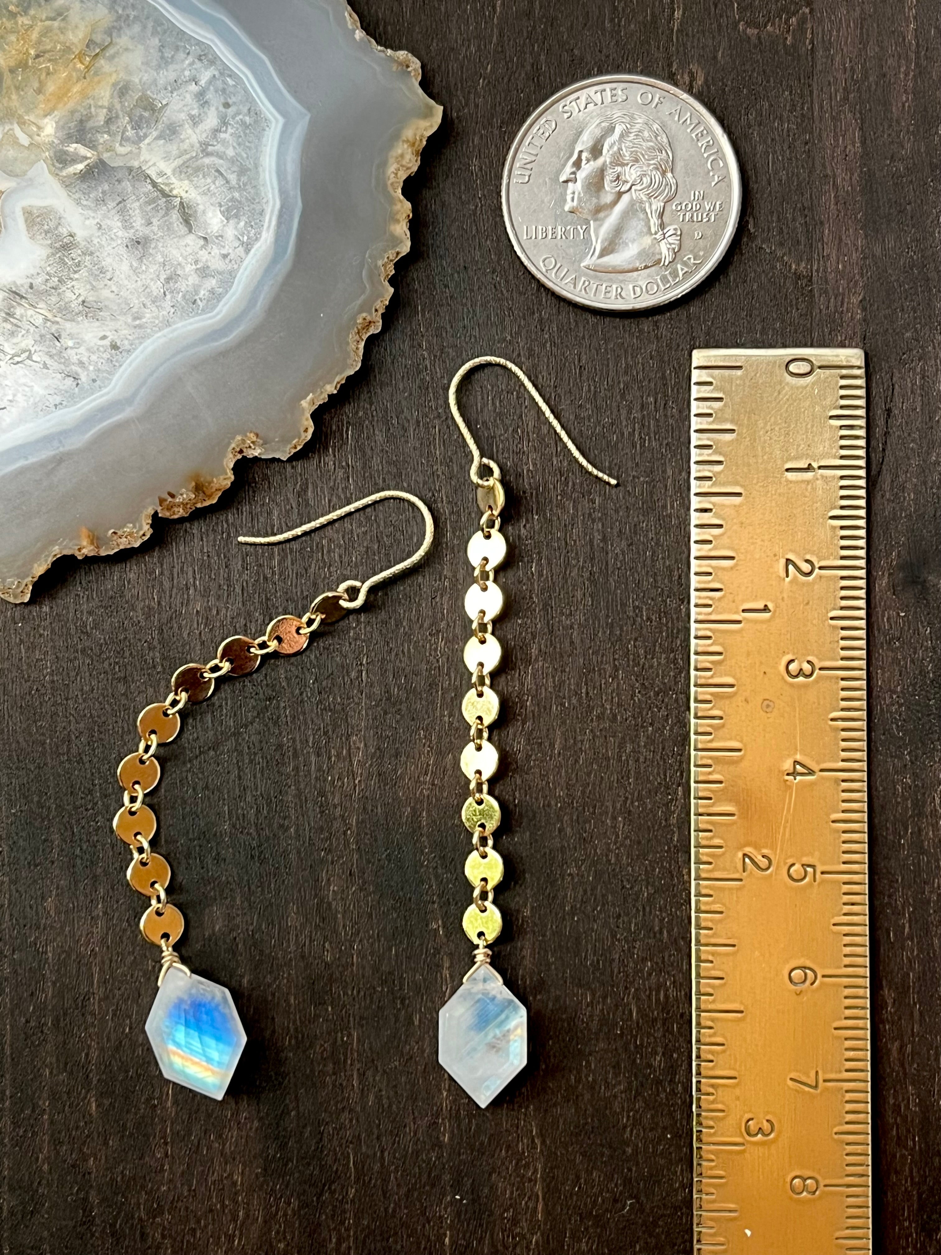 •MANY MOONS• rainbow moonstone + gold dangle earrings