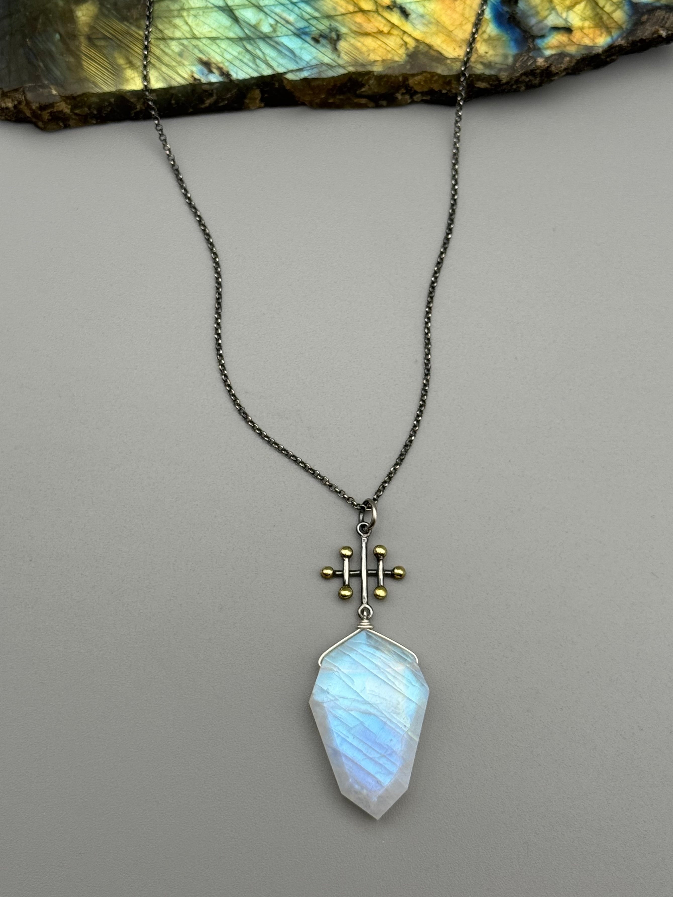 •INVOKE• rainbow moonstone + mixed metal necklace (26"-28" long)