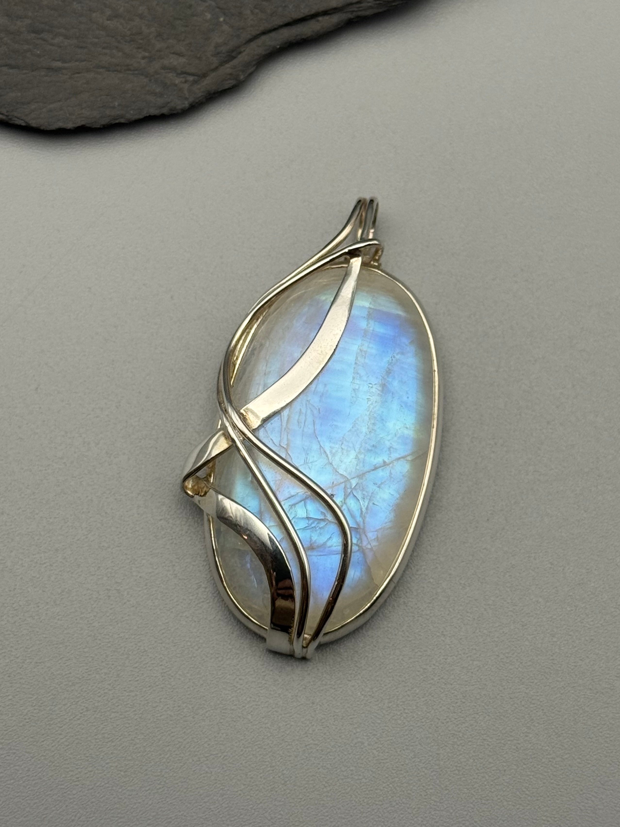 •RAINBOW MOONSTONE - WIRE WRAPPED OVAL• sterling silver pendant