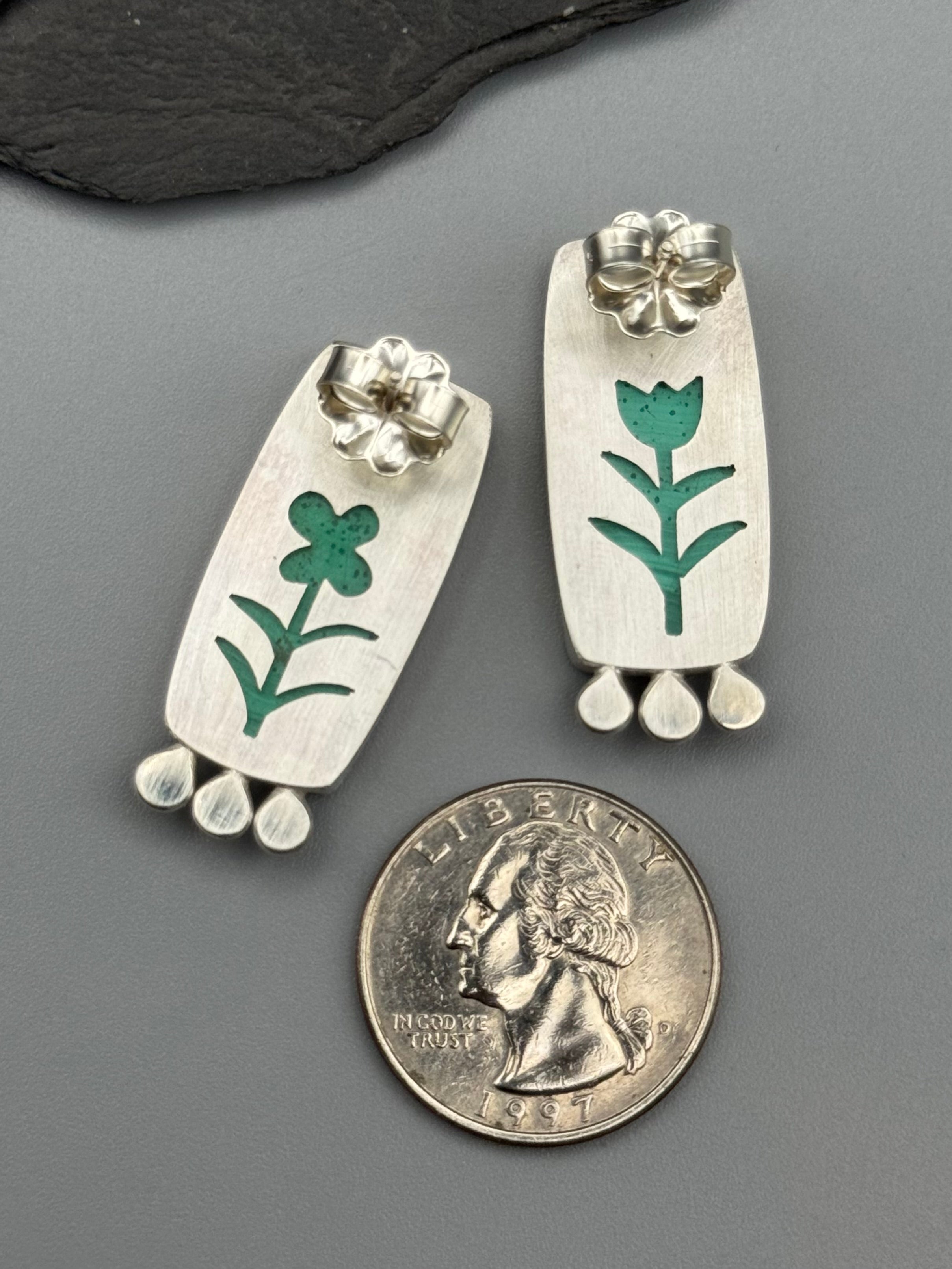 •POLLINATOR• malachite rectangle + silver post earrings