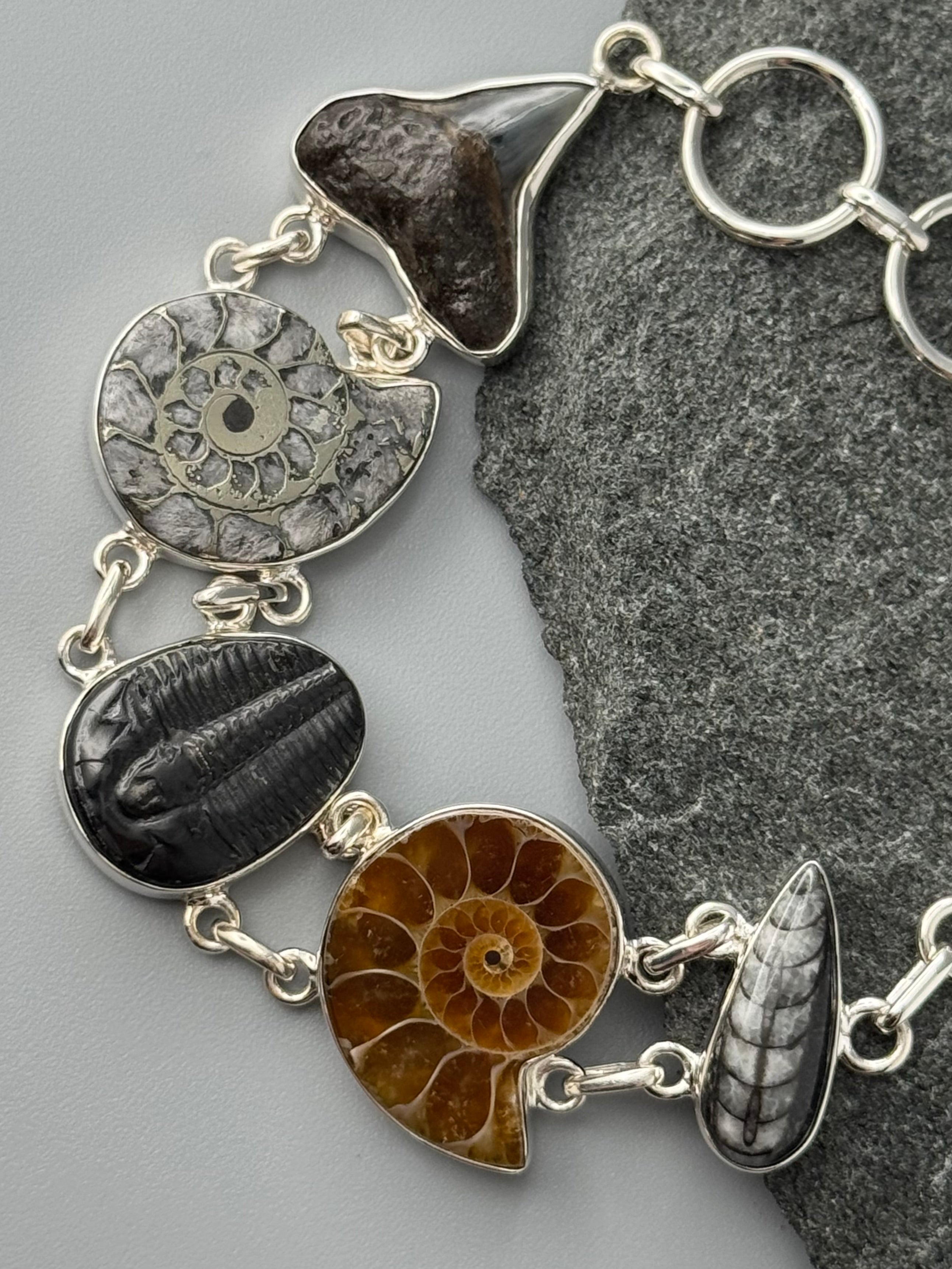 •MULTI FOSSIL• linked silver bracelet (6.75" - 8")