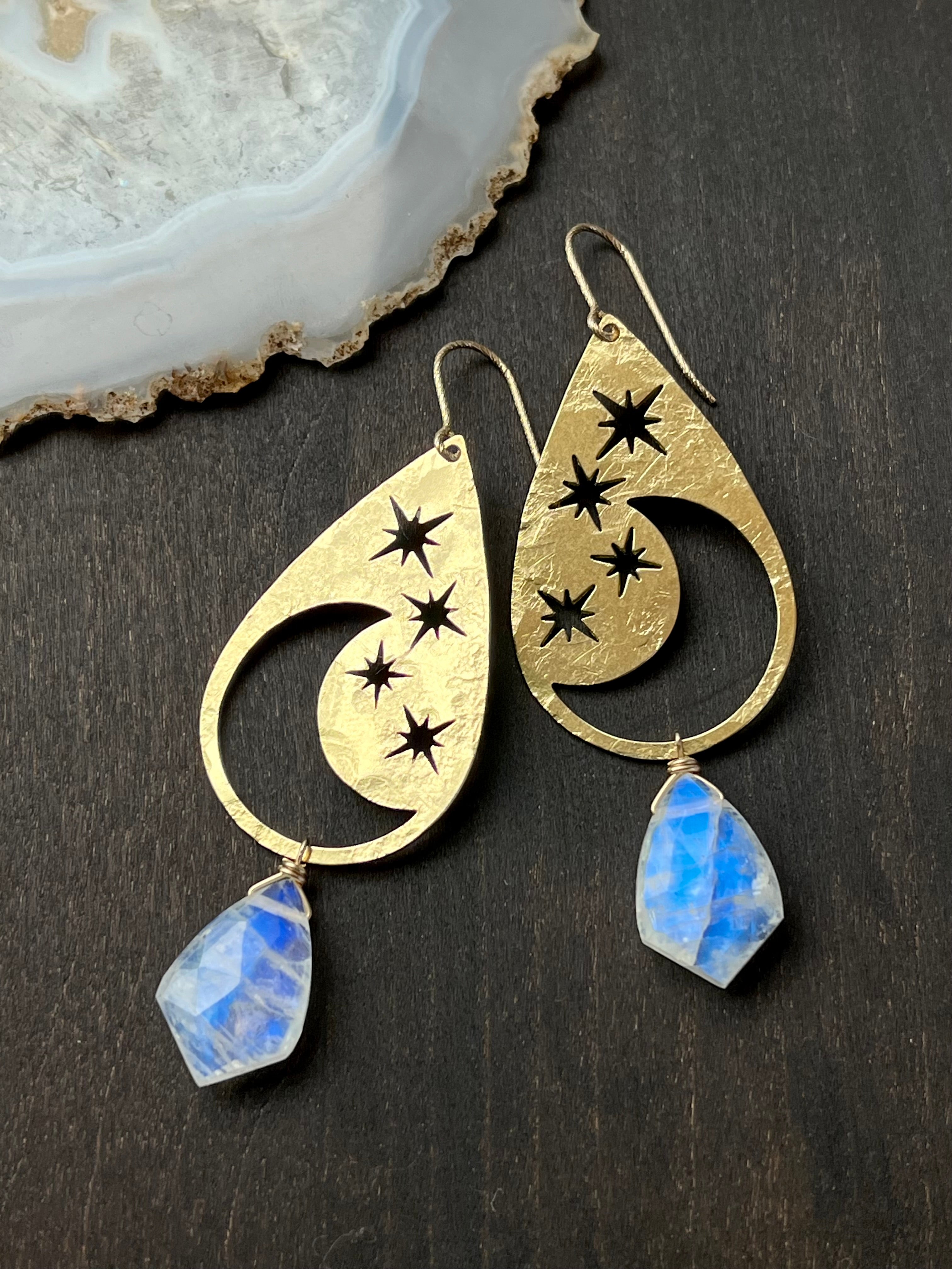 •CELESTINE• rainbow moonstone + gold dangle earrings