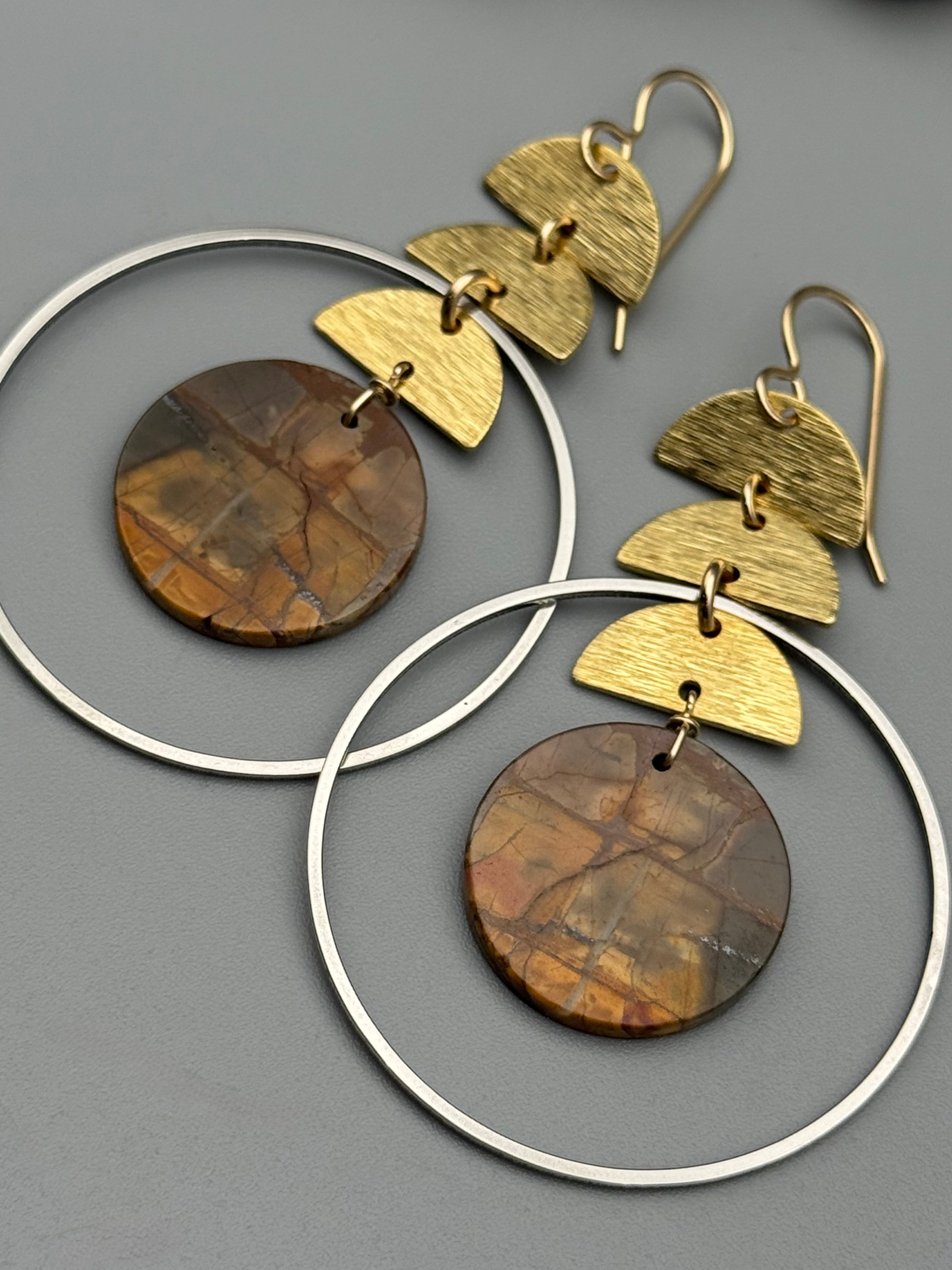 •MOON STACK HOOP• red creek jasper + mixed metal earrings