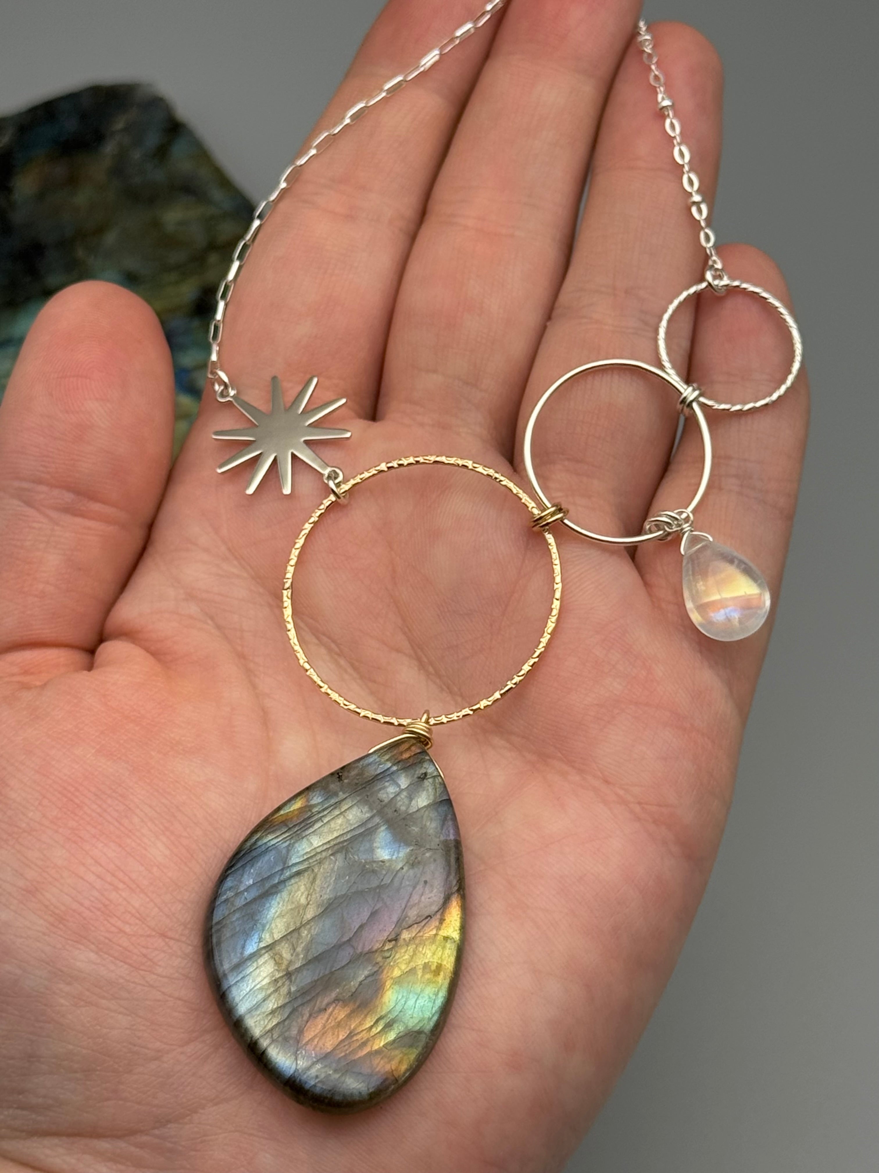 •UNION• rainbow moonstone + labradorite mixed metal necklace (16"-18" long)