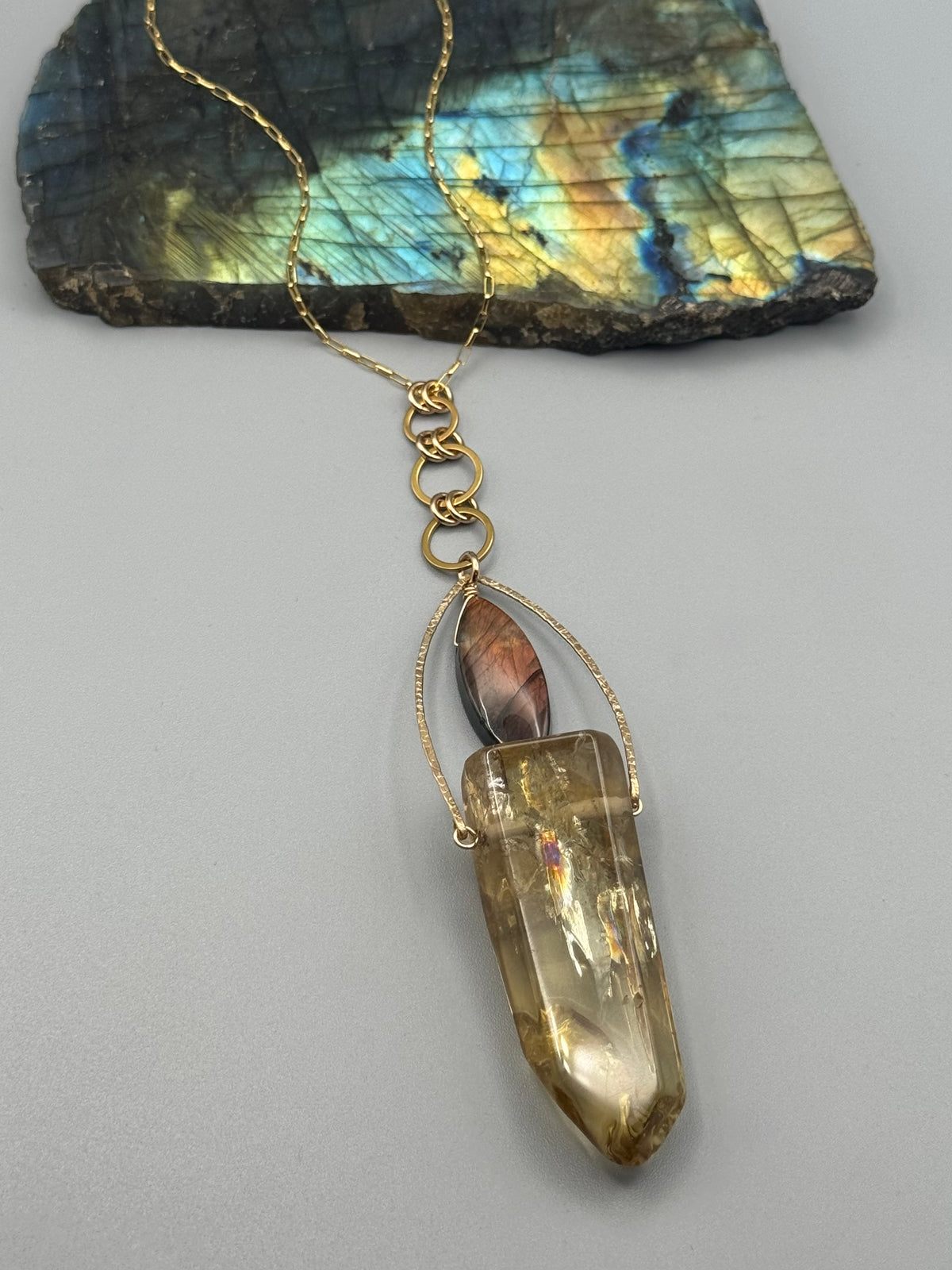 •AEON• labradorite + brazilian quartz gold necklace (26"-28" long)