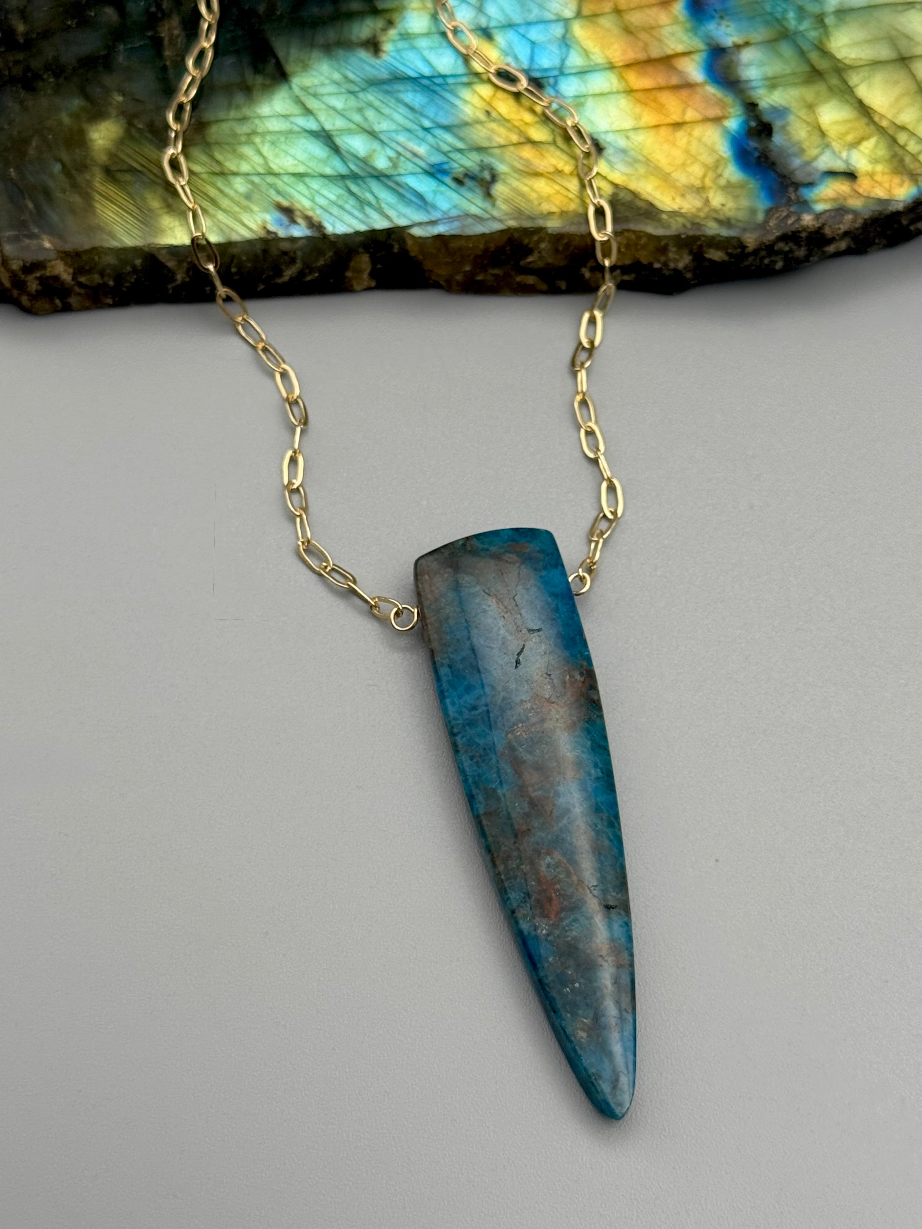 •AEON• blue apatite fang + gold necklace (16"-18" long)