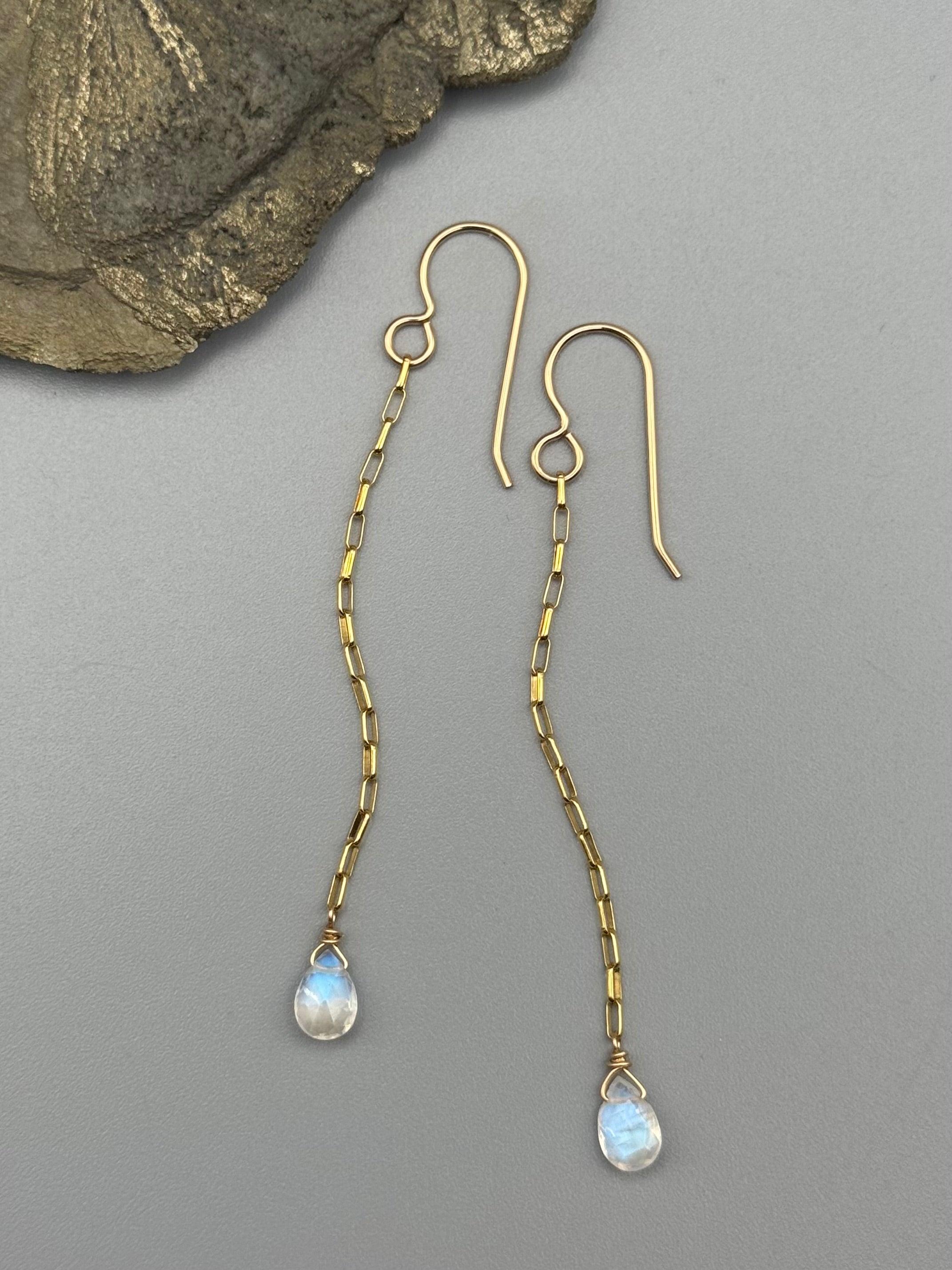 •LINKED• rainbow moonstone tear + gold earrings