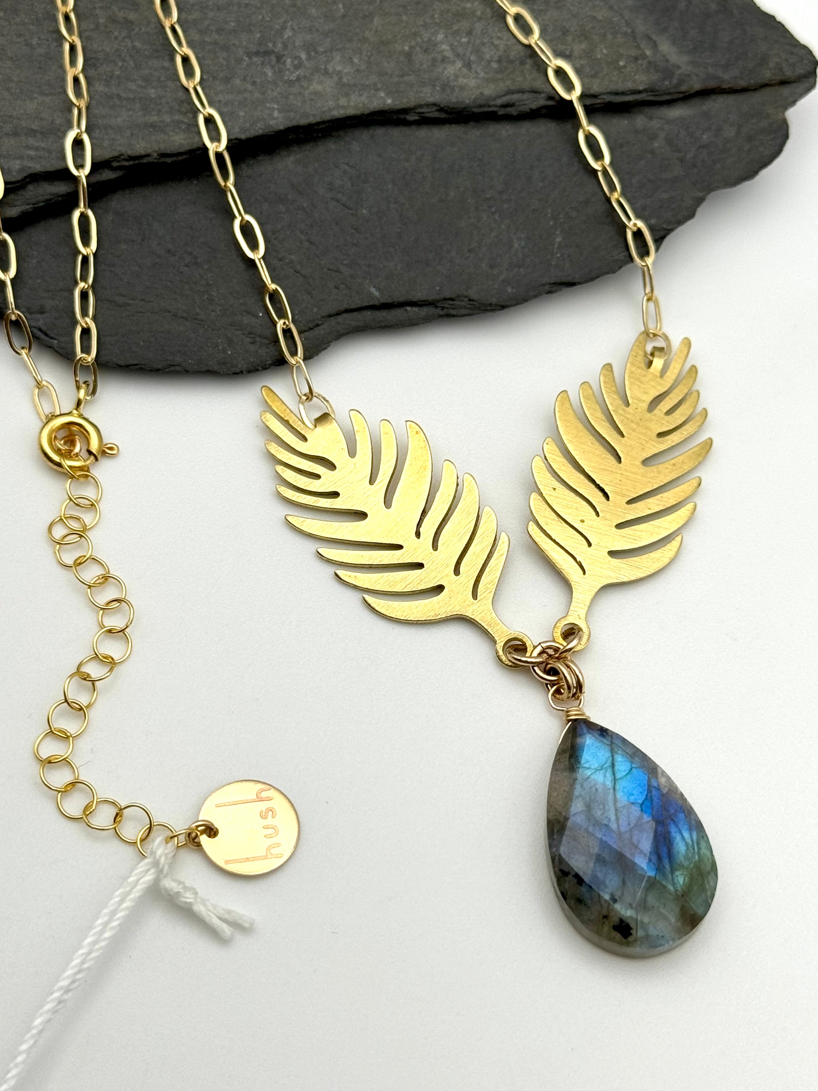 •HUG BOTANICA• labradorite + ferns + gold necklace (16"-18" long)