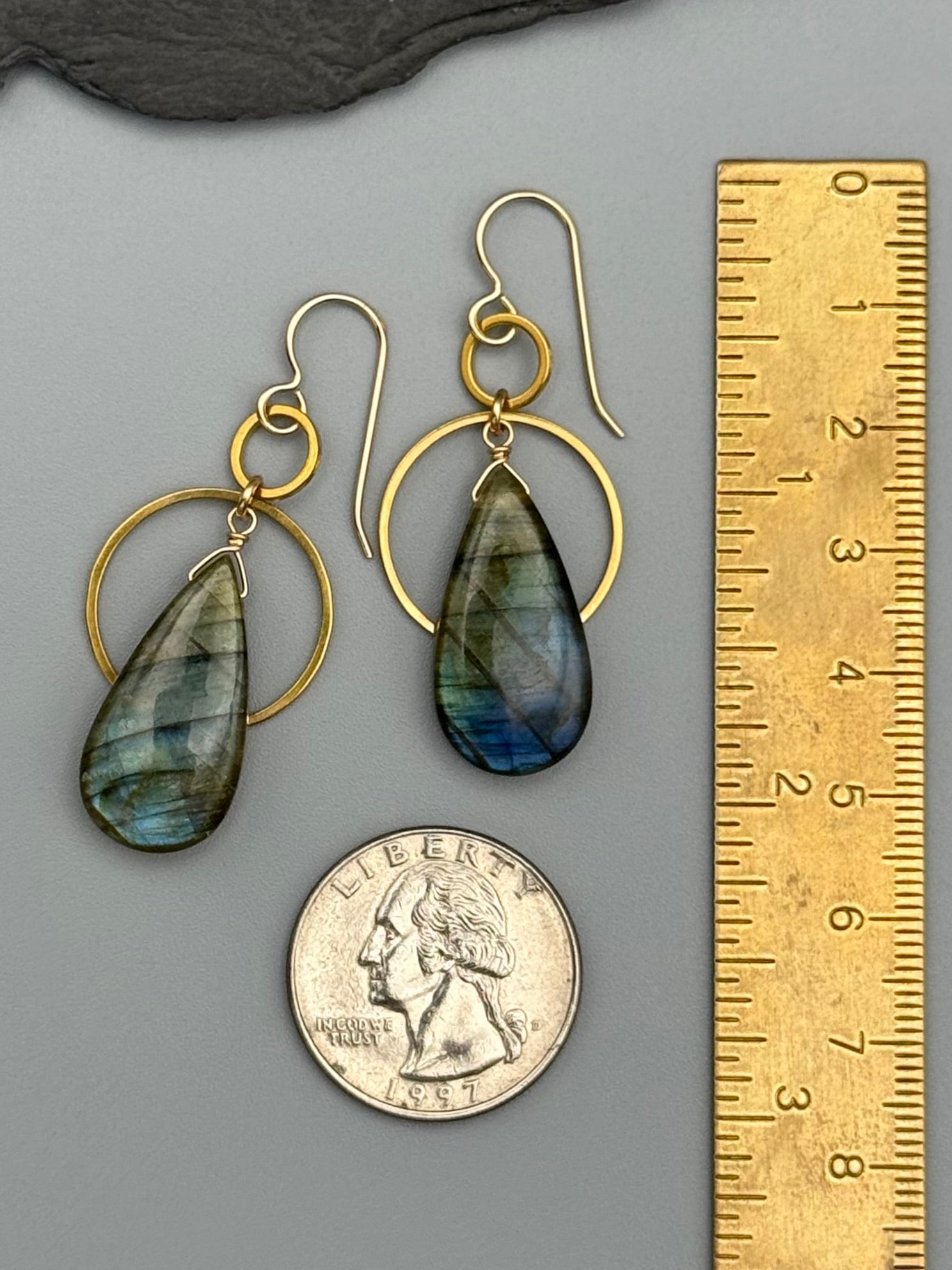•EQUA-ORBIT• labradorite teardrop + gold earrings