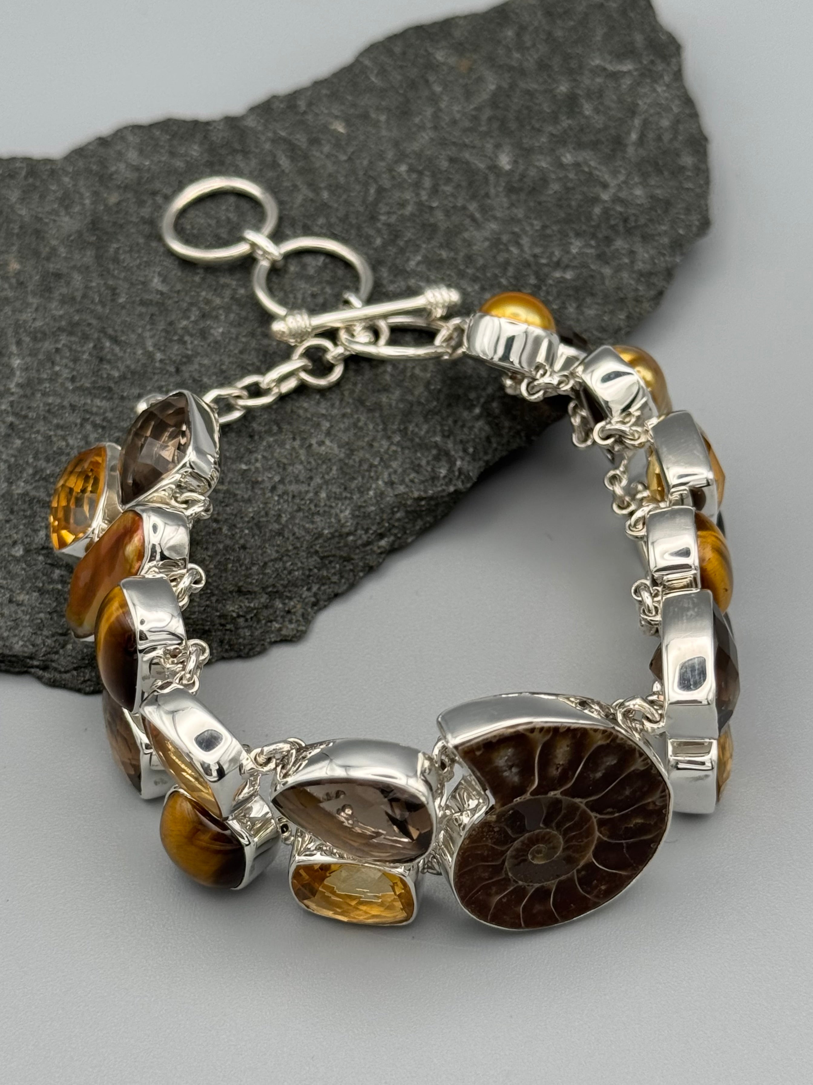 •AMMONITE - MULTI-STONE• linked silver bracelet (7.25" - 8.5")