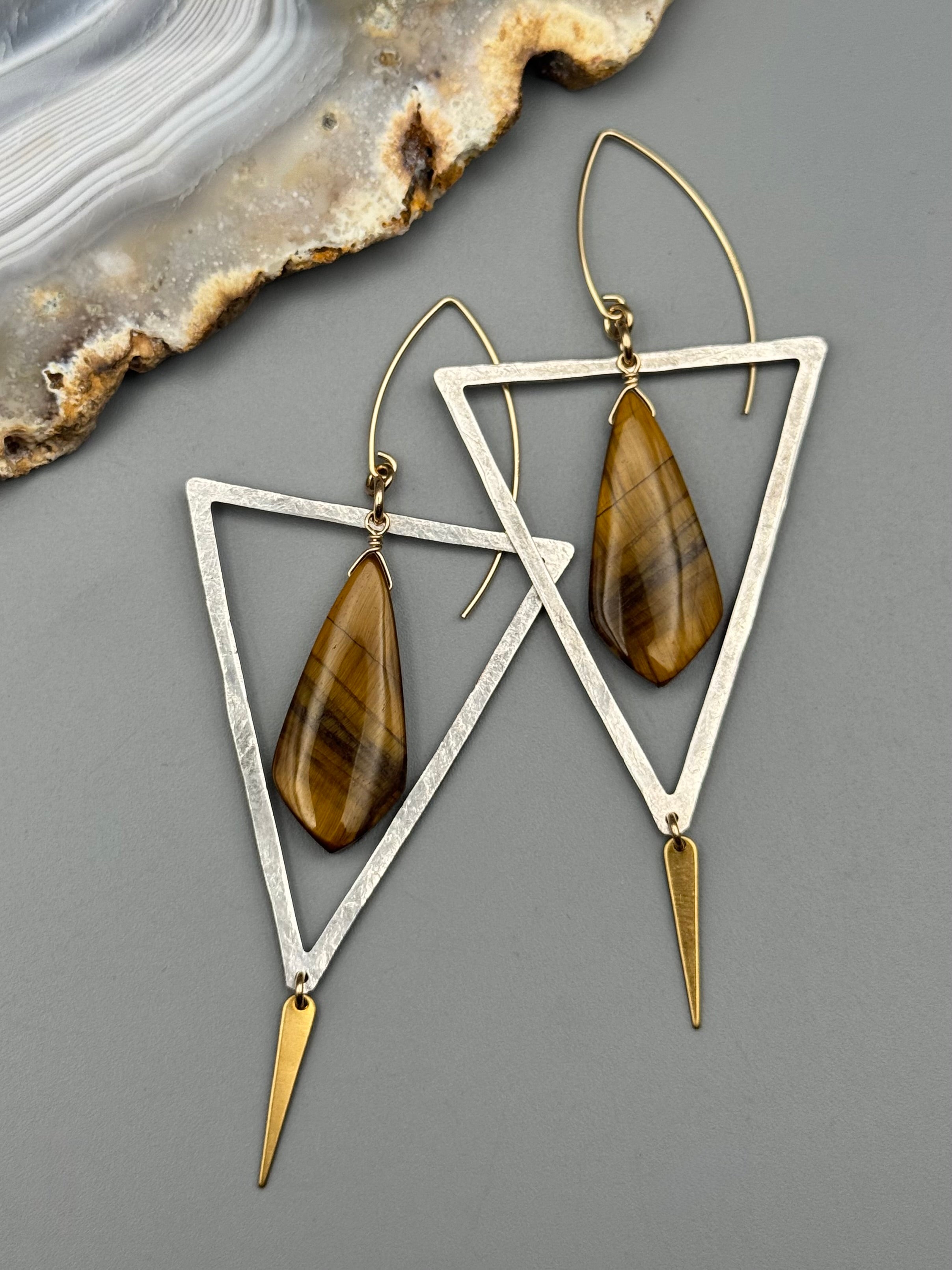 •ASET• tiger eye + mixed metal earrings