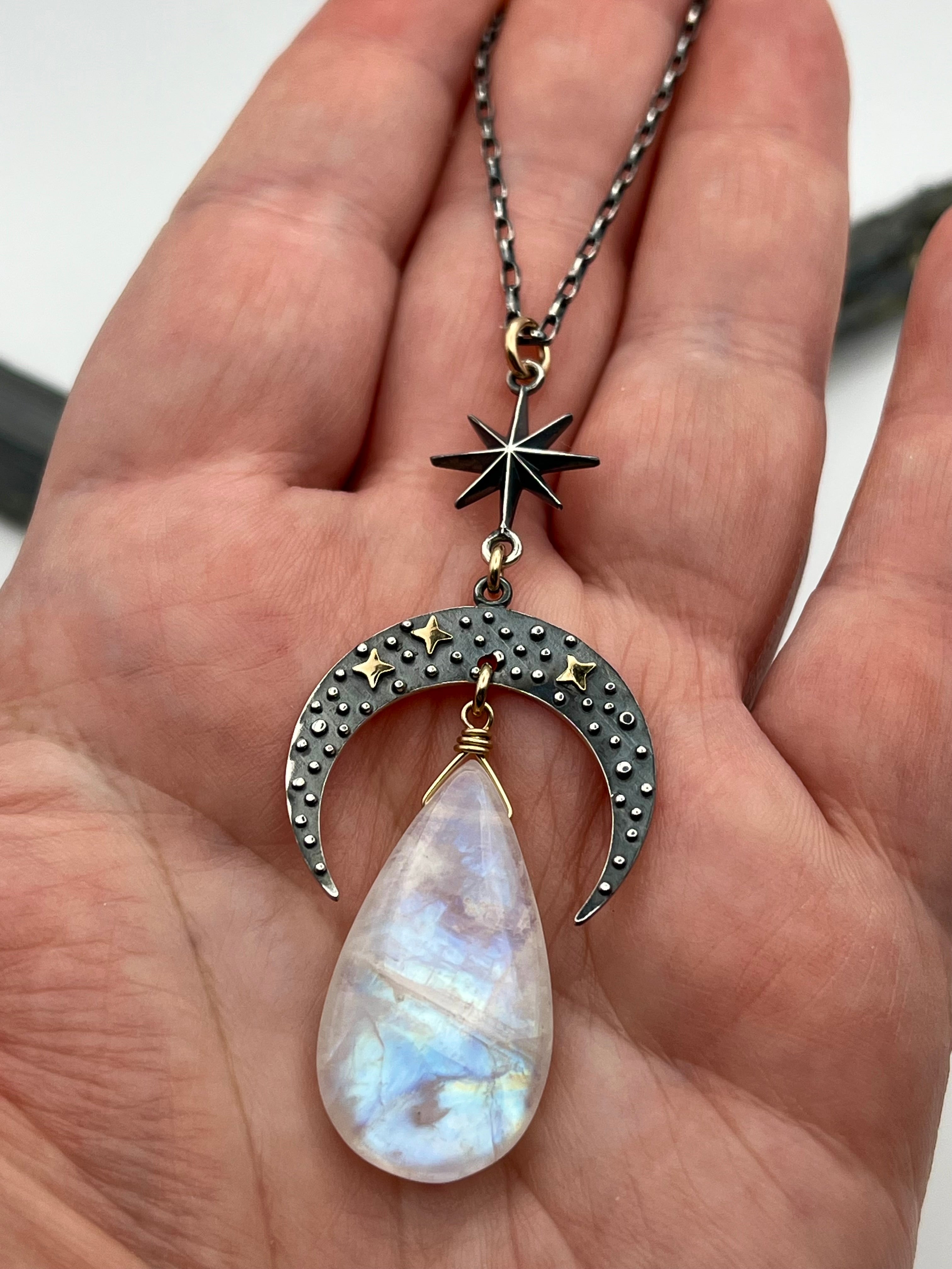 •NYX• rainbow moonstone + celestial crescent mixed metal necklace (18"-20" long)