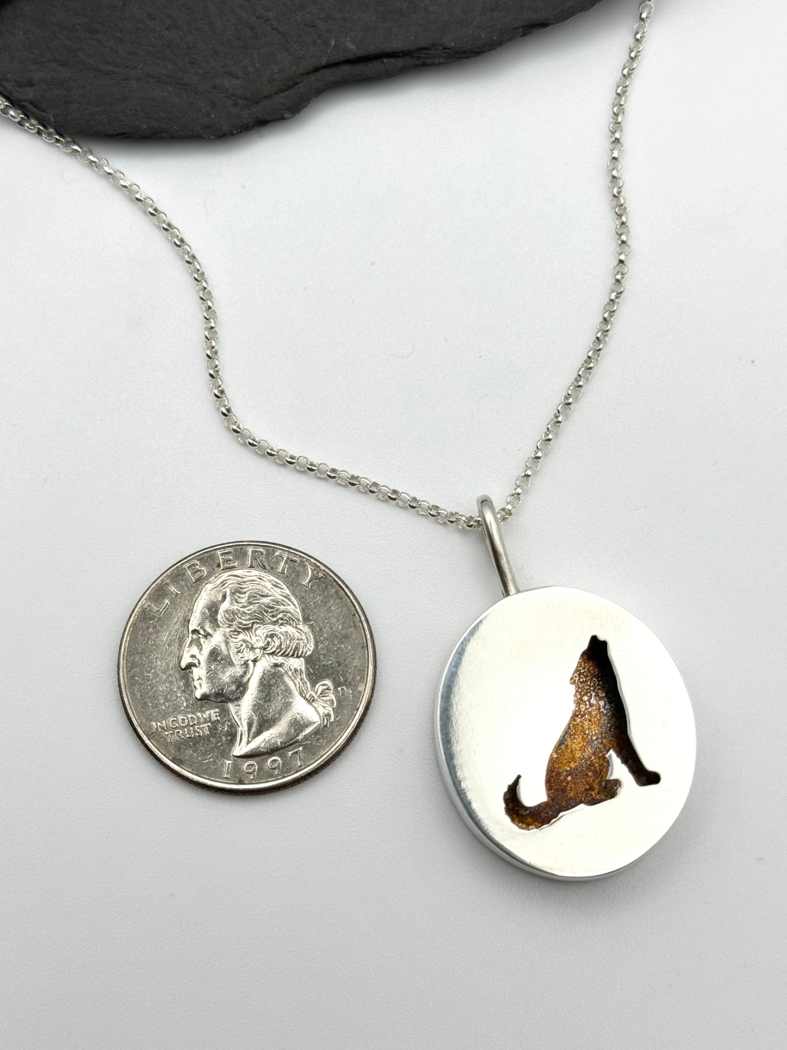 •HOWLIN' AT THE MOON• wolf shadowbox silver necklace (18" long)