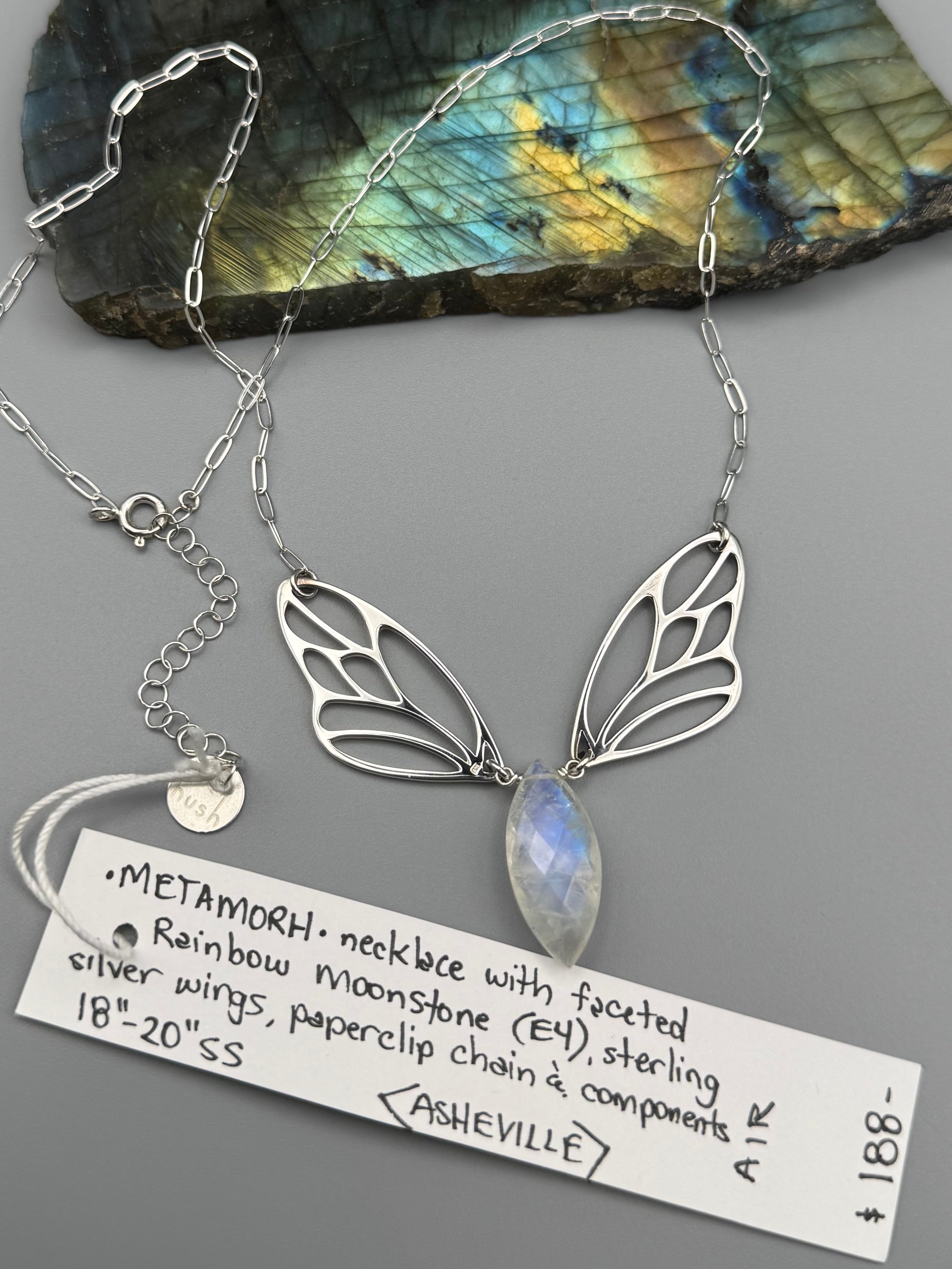 •METAMORPH• rainbow moonstone marquise + silver necklace (18"-20" long)