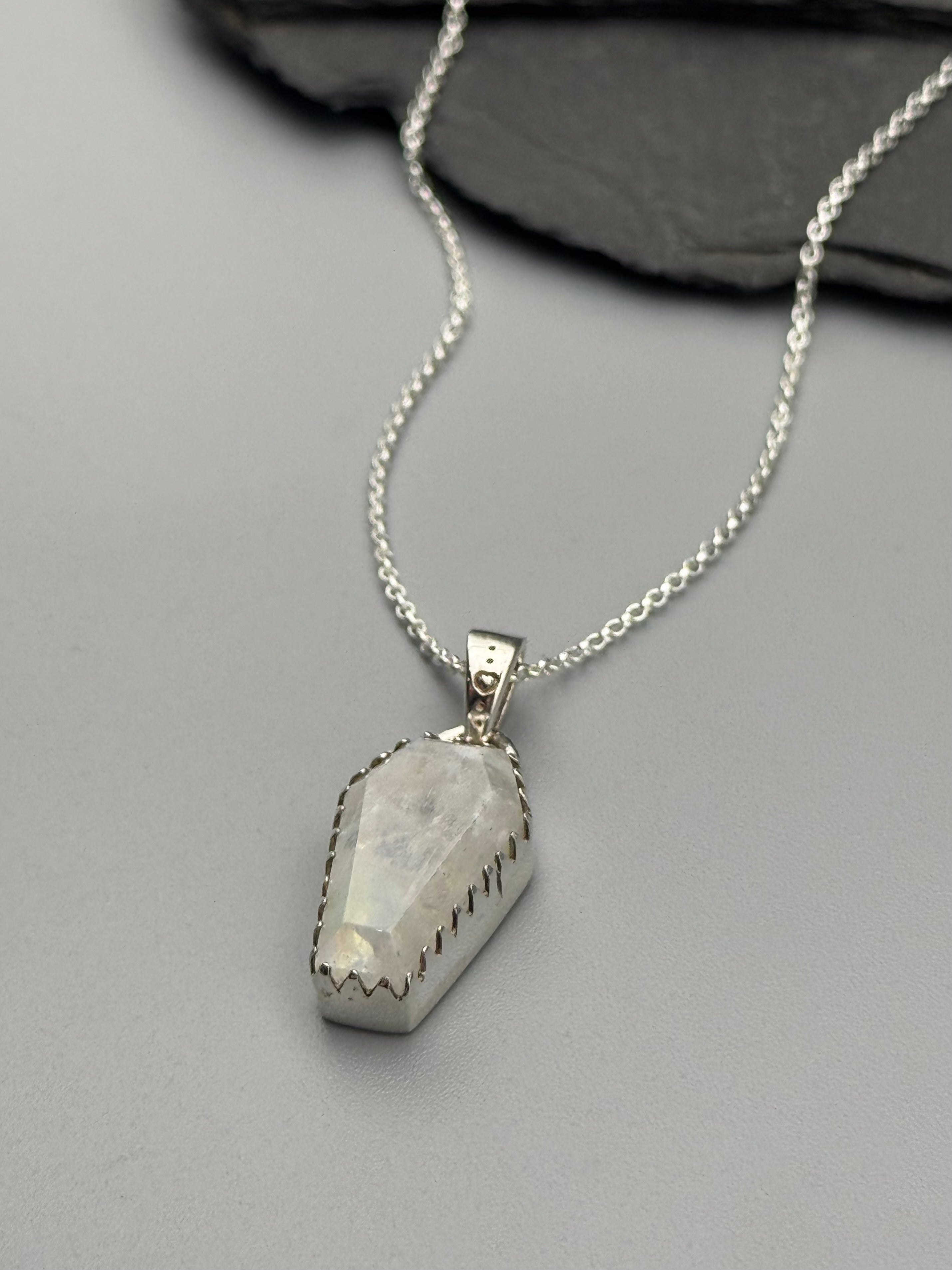 •RAINBOW MOONSTONE - COFFIN• serrated bezel silver necklace (18" long)